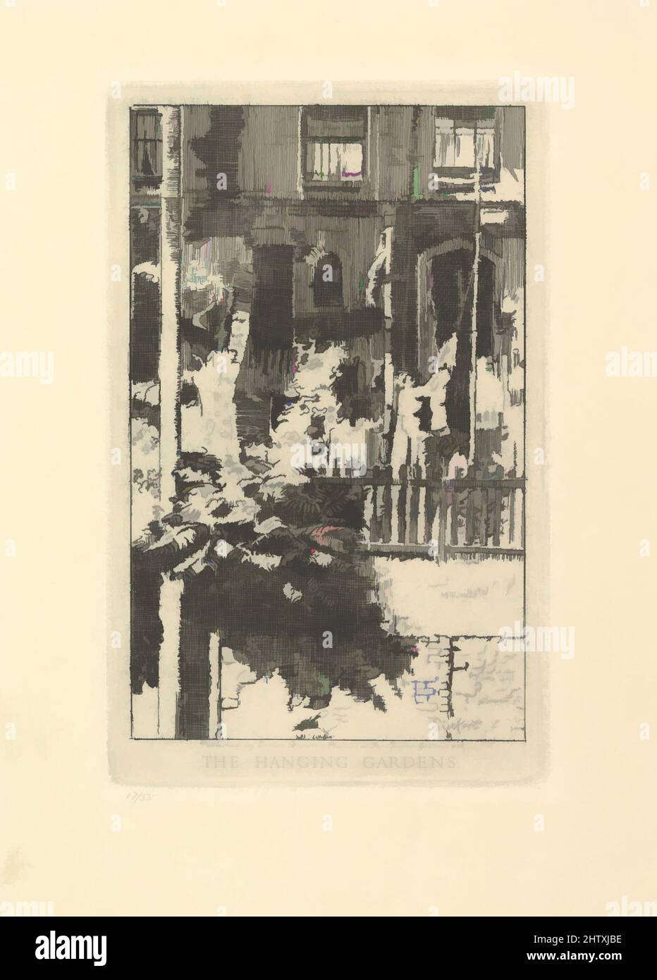 Arte ispirata ai giardini di Hanging, 1929, incisione; terzo stato di tre, piatto: 7 x 4 7/16 poll. (17,8 x 11,2 cm), Prints, Walter Richard Sickert (British, Monaco di Baviera 1860–1942 Bathampton, Somerset, opere classiche modernizzate da Artotop con un tuffo di modernità. Forme, colore e valore, impatto visivo accattivante sulle emozioni artistiche attraverso la libertà delle opere d'arte in modo contemporaneo. Un messaggio senza tempo che persegue una nuova direzione selvaggiamente creativa. Artisti che si rivolgono al supporto digitale e creano l'NFT Artotop Foto Stock