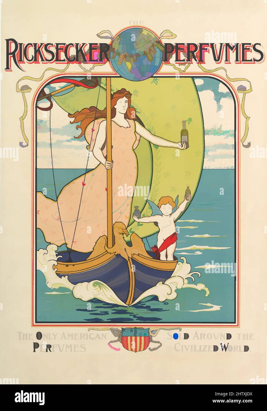 Arte ispirata ai profumi Ricksecker, ca. 1892, litografia, Monte: 27 1/8 poll. x 19 13/16 poll. (68,9 x 50,4 cm), Posters, Louis John Rhead (americano, nato Inghilterra, 1857–1926, opere classiche modernizzate da Artotop con un tuffo di modernità. Forme, colore e valore, impatto visivo accattivante sulle emozioni artistiche attraverso la libertà delle opere d'arte in modo contemporaneo. Un messaggio senza tempo che persegue una nuova direzione selvaggiamente creativa. Artisti che si rivolgono al supporto digitale e creano l'NFT Artotop Foto Stock