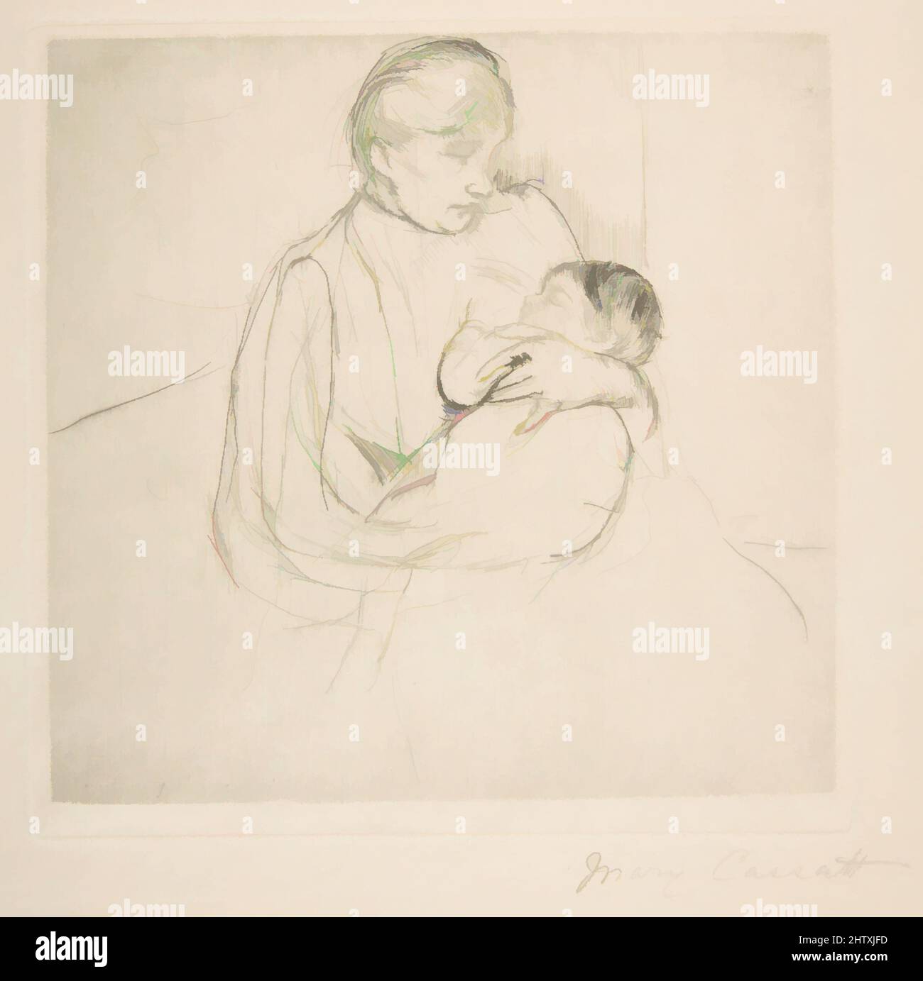 Arte ispirata alla ninna nanna di Baby, ca. 1887, DRYPOINT; secondo stato di due, piastra: 6 1/4 x 6 1/4 poll. (15,9 x 16 cm), Prints, Mary Cassatt (American, Pittsburgh, Pennsylvania 1844–1926 le Mesnil-Théribus, Oise, opere classiche modernizzate da Artotop con un tuffo di modernità. Forme, colore e valore, impatto visivo accattivante sulle emozioni artistiche attraverso la libertà delle opere d'arte in modo contemporaneo. Un messaggio senza tempo che persegue una nuova direzione selvaggiamente creativa. Artisti che si rivolgono al supporto digitale e creano l'NFT Artotop Foto Stock