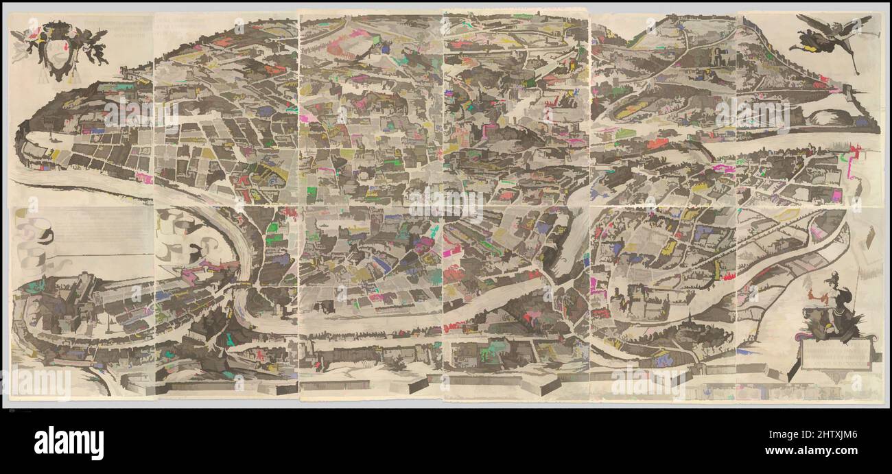 Art Inspired by Plan of the City of Rome, 1645, incisione con incisione, stato non descritto (stampato da 12 lastre), totale: 41 5/16 x 94 1/2 pollici. (105 x 240 cm), stampe, Antonio Tempesta (Firenze 1555–1630 Roma), Vista in pianta o aerea della città di Roma, tratto dalle opere classiche modernizzate da Artotop con un tuffo di modernità. Forme, colore e valore, impatto visivo accattivante sulle emozioni artistiche attraverso la libertà delle opere d'arte in modo contemporaneo. Un messaggio senza tempo che persegue una nuova direzione selvaggiamente creativa. Artisti che si rivolgono al supporto digitale e creano l'NFT Artotop Foto Stock