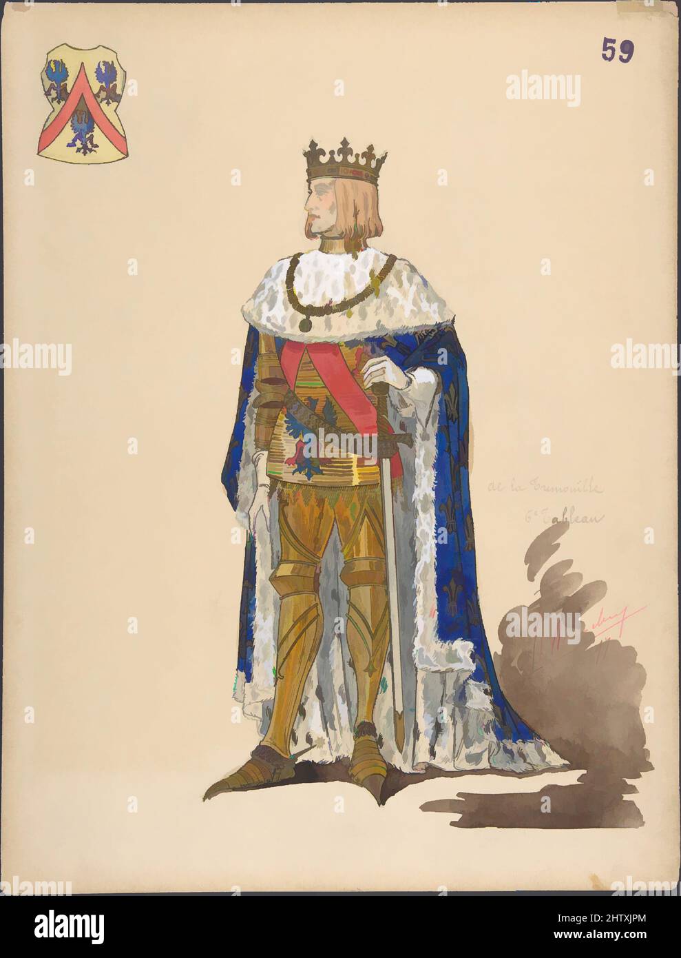 Arte ispirata da Re e stemma, n.d., penna e inchiostro nero, acquerello, gouache, vernice trasparente sulle parti, intensificata con bianco, foglio: 12 5/16 x 9 7/16 pollici. (31,3 x 23,9 cm), disegni, Sergey Sudeykin (Russo, Smolensk 1882–1946 Nyack, opere classiche modernizzate da Artotop con un tocco di modernità. Forme, colore e valore, impatto visivo accattivante sulle emozioni artistiche attraverso la libertà delle opere d'arte in modo contemporaneo. Un messaggio senza tempo che persegue una nuova direzione selvaggiamente creativa. Artisti che si rivolgono al supporto digitale e creano l'NFT Artotop Foto Stock