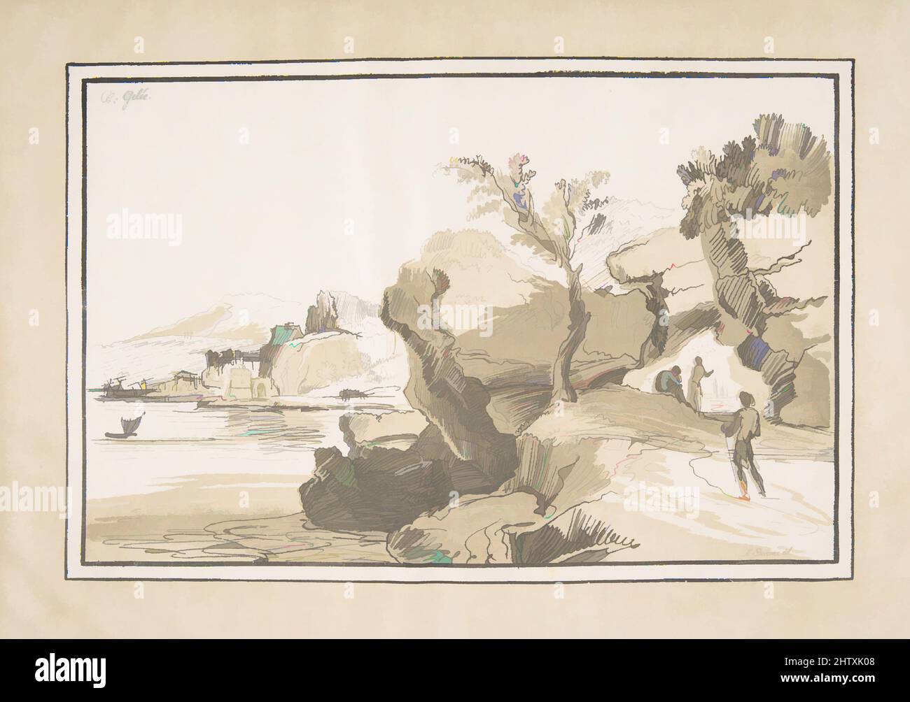 Arte ispirata al paesaggio, ca. 1811, litografia, foglio: 7 5/16 x 10 1/4 pollici (18,6 x 26 cm), Prints, Johann Nepomuk Strixner (tedesco, Altötting 1782–1855 Monaco), dopo Claude Lorrain (Claude Gellée) (francese, Chamagne 1604/5?–1682 Roma, opere classiche modernizzate da Artotop con un tuffo di modernità. Forme, colore e valore, impatto visivo accattivante sulle emozioni artistiche attraverso la libertà delle opere d'arte in modo contemporaneo. Un messaggio senza tempo che persegue una nuova direzione selvaggiamente creativa. Artisti che si rivolgono al supporto digitale e creano l'NFT Artotop Foto Stock