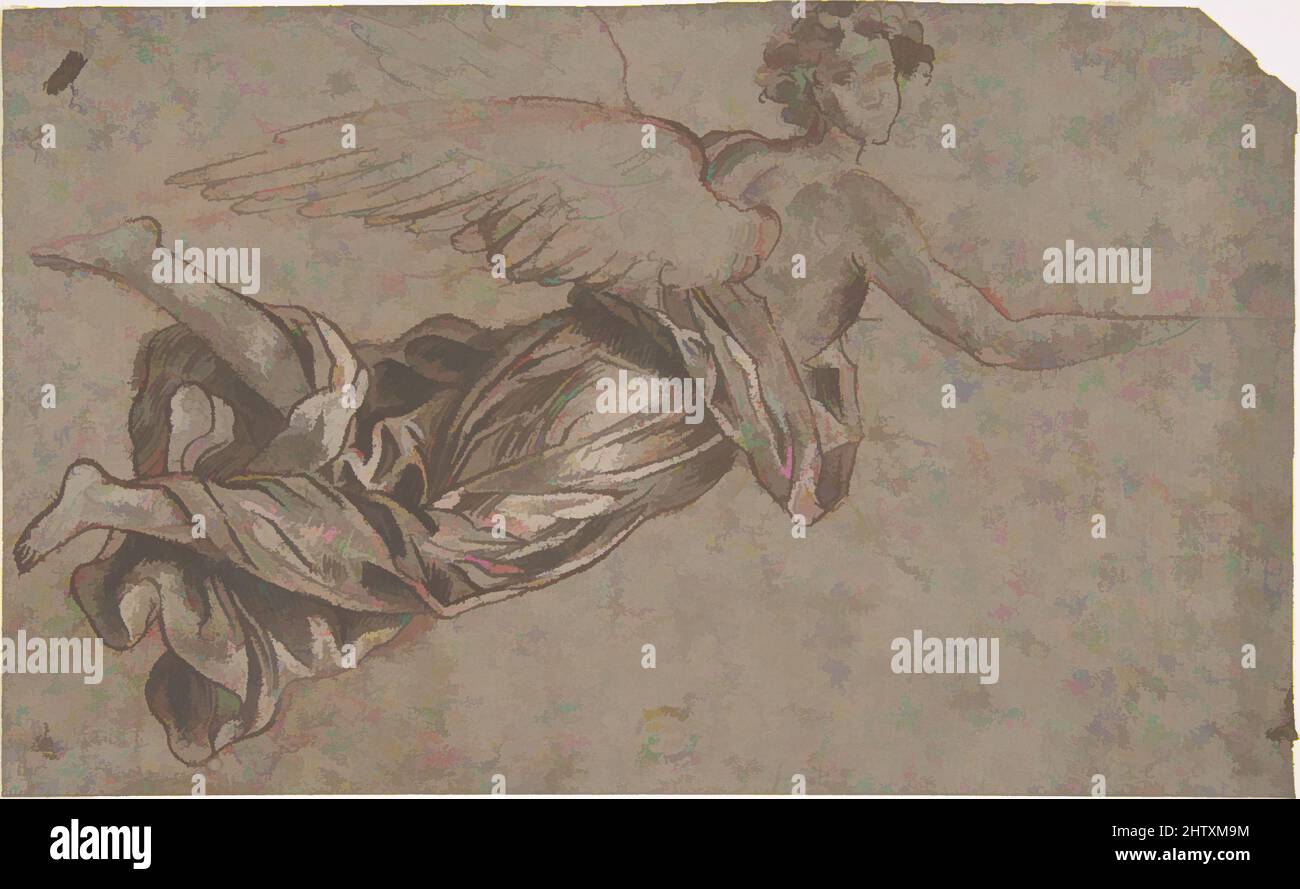 Arte ispirata da Flying Angel, 17th secolo, penna e inchiostro marrone, pennello e lavaggio marrone, su gesso rosso, con gouache bianco in rilievo. Su carta grigio-marrone., foglio: 9 x 5 1/2 pollici (22,8 x 14 cm), disegni, Anonimo, Italiano, 17th secolo, Opere classiche modernizzate da Artotop con un tocco di modernità. Forme, colore e valore, impatto visivo accattivante sulle emozioni artistiche attraverso la libertà delle opere d'arte in modo contemporaneo. Un messaggio senza tempo che persegue una nuova direzione selvaggiamente creativa. Artisti che si rivolgono al supporto digitale e creano l'NFT Artotop Foto Stock