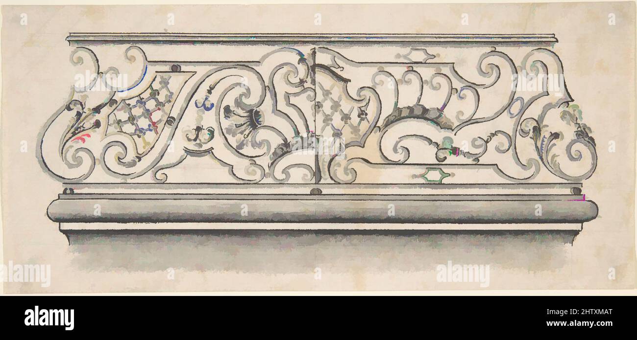 Arte ispirata da disegni per ferro lavoro balcone, 18th secolo, foglio: 3 9/16 x 7 5/8 poll. (9 x 19,4 cm), disegni, opere classiche modernizzate da Artotop con un tocco di modernità. Forme, colore e valore, impatto visivo accattivante sulle emozioni artistiche attraverso la libertà delle opere d'arte in modo contemporaneo. Un messaggio senza tempo che persegue una nuova direzione selvaggiamente creativa. Artisti che si rivolgono al supporto digitale e creano l'NFT Artotop Foto Stock