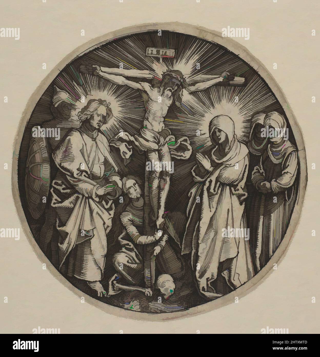 Arte ispirata alla Crocifissione (rotonda), ca. 1519, incisione, diametro: 1 7/16 poll. (3,7 cm), Prints, Albrecht Dürer (tedesco, Norimberga 1471–1528 Norimberga, opere classiche modernizzate da Artotop con un tocco di modernità. Forme, colore e valore, impatto visivo accattivante sulle emozioni artistiche attraverso la libertà delle opere d'arte in modo contemporaneo. Un messaggio senza tempo che persegue una nuova direzione selvaggiamente creativa. Artisti che si rivolgono al supporto digitale e creano l'NFT Artotop Foto Stock