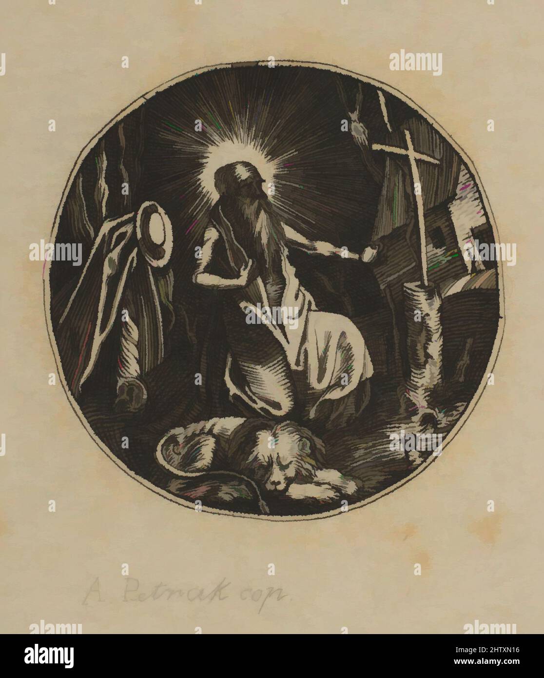 Arte ispirata a San Girolamo, 19th secolo, incisione, diametro: 1 3/16 poll. (3 cm), Prints, Alois Petrak (ceco, 1811–1888), dopo Albrecht Dürer (tedesco, Norimberga 1471–1528 Norimberga, opere classiche modernizzate da Artotop con un tuffo di modernità. Forme, colore e valore, impatto visivo accattivante sulle emozioni artistiche attraverso la libertà delle opere d'arte in modo contemporaneo. Un messaggio senza tempo che persegue una nuova direzione selvaggiamente creativa. Artisti che si rivolgono al supporto digitale e creano l'NFT Artotop Foto Stock