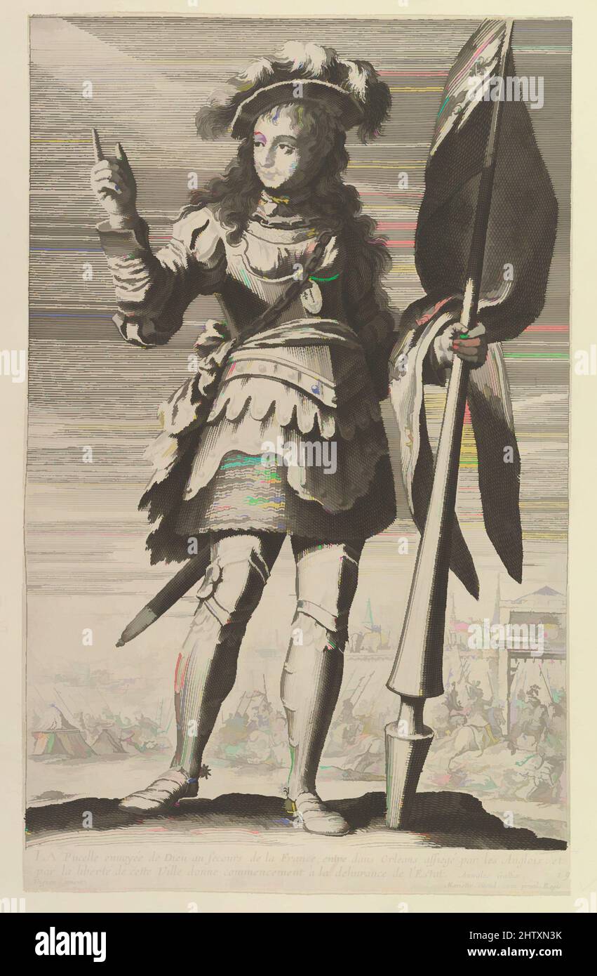 Arte ispirata a la Pucelle d'Orléans, 1647, incisione (figura di Rousselet) e incisione (sfondo di Bosse), foglio: 13 7/16 x 8 7/16 pollici. (34,2 x 21,4 cm), Prints, Gilles Rousselet (francese, Parigi 1614–1686 Parigi), Abraham Bosse (francese, Tours 1602/1604–1676 Parigi), dopo Claude Vignon, opere classiche modernizzate da Artotop con un tuffo di modernità. Forme, colore e valore, impatto visivo accattivante sulle emozioni artistiche attraverso la libertà delle opere d'arte in modo contemporaneo. Un messaggio senza tempo che persegue una nuova direzione selvaggiamente creativa. Artisti che si rivolgono al supporto digitale e creano l'NFT Artotop Foto Stock