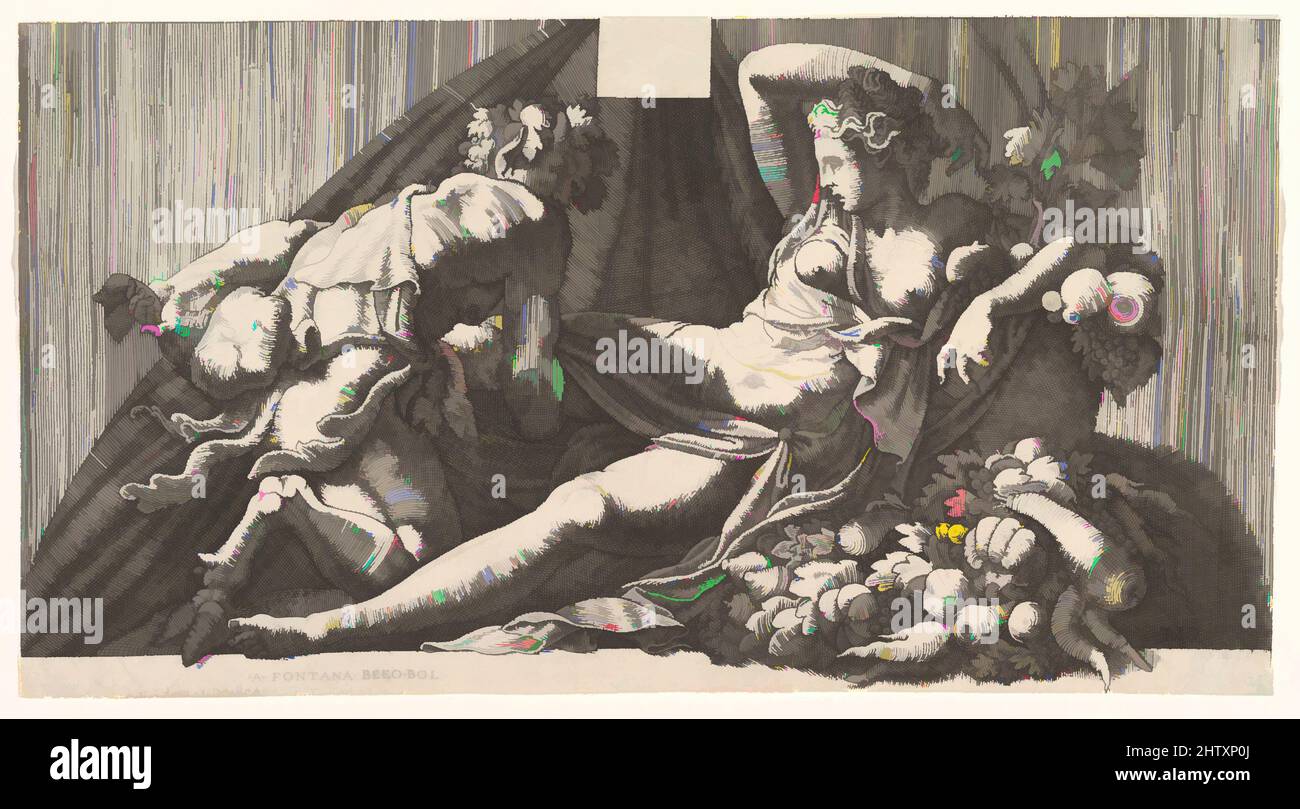 Art Inspired by Giove and Antiope, incisione, foglio: 6 5/16 x 11 9/16 poll. (16 x 29,4 cm), stampe, attribuite al Maestro FG (italiano, attivo a metà del 16th secolo), dopo Francesco Primaticcio (italiano, Bologna 1504/5–1570 Parigi, opere classiche modernizzate da Artotop con un tuffo di modernità. Forme, colore e valore, impatto visivo accattivante sulle emozioni artistiche attraverso la libertà delle opere d'arte in modo contemporaneo. Un messaggio senza tempo che persegue una nuova direzione selvaggiamente creativa. Artisti che si rivolgono al supporto digitale e creano l'NFT Artotop Foto Stock