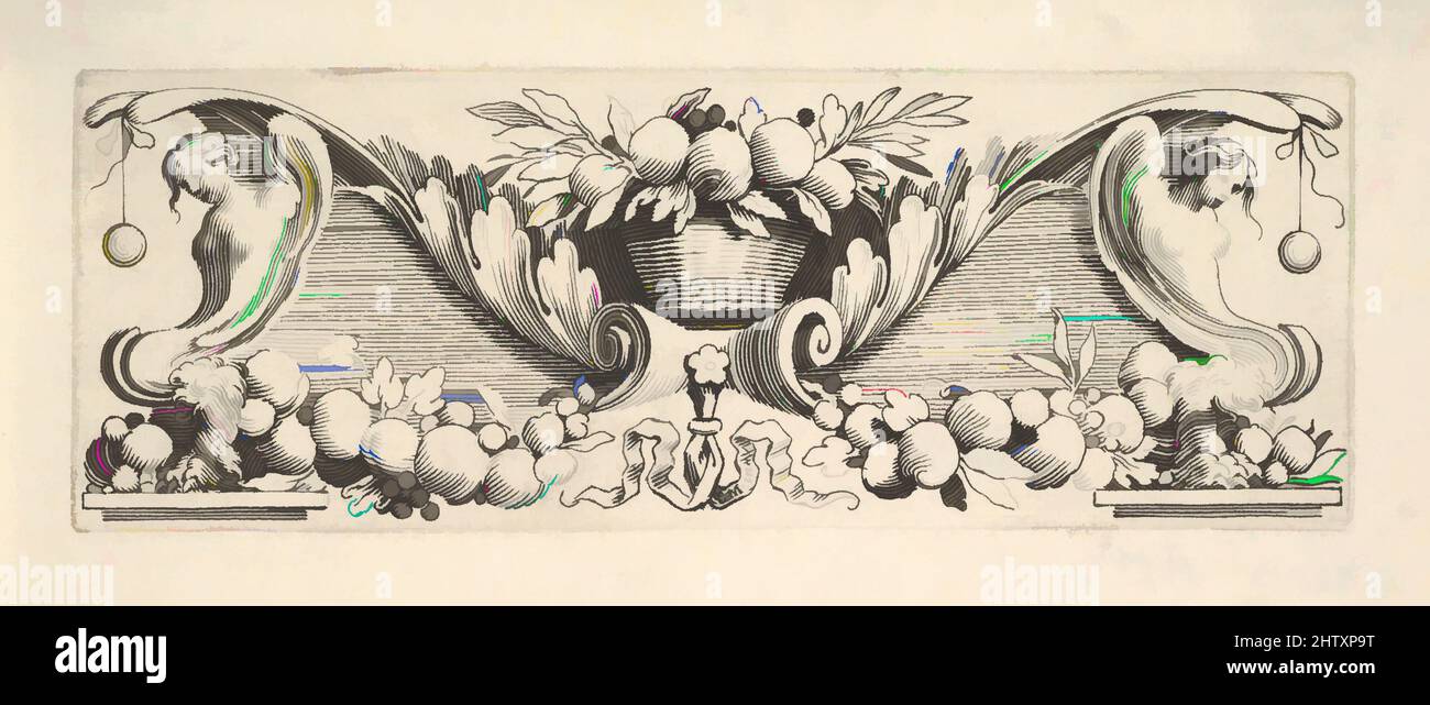 Art Inspired by Headband: Cesto di frutta, incisione, foglio: 3 3/8 x 7 1/2 poll. (8,6 x 19 cm), Prints, Claude Mellan (francese, Abbeville 1598–1688 Parigi, opere classiche modernizzate da Artotop con un tuffo di modernità. Forme, colore e valore, impatto visivo accattivante sulle emozioni artistiche attraverso la libertà delle opere d'arte in modo contemporaneo. Un messaggio senza tempo che persegue una nuova direzione selvaggiamente creativa. Artisti che si rivolgono al supporto digitale e creano l'NFT Artotop Foto Stock