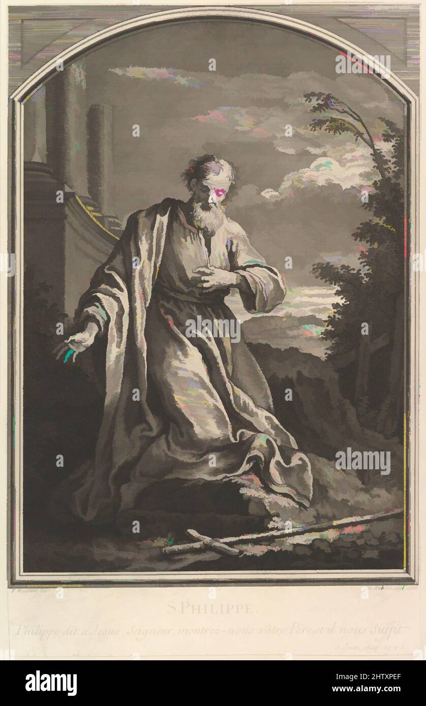 Arte ispirata a Saint Philippe, 1726, incisione e incisione, foglio (rifinito): 13 3/8 x 8 7/16 pollici. (34 x 21,5 cm), Prints, Michel Aubert (francese, 1700–1757 Parigi), dopo Francois Boucher (francese, Parigi 1703–1770 Parigi, opere classiche modernizzate da Artotop con un tuffo di modernità. Forme, colore e valore, impatto visivo accattivante sulle emozioni artistiche attraverso la libertà delle opere d'arte in modo contemporaneo. Un messaggio senza tempo che persegue una nuova direzione selvaggiamente creativa. Artisti che si rivolgono al supporto digitale e creano l'NFT Artotop Foto Stock