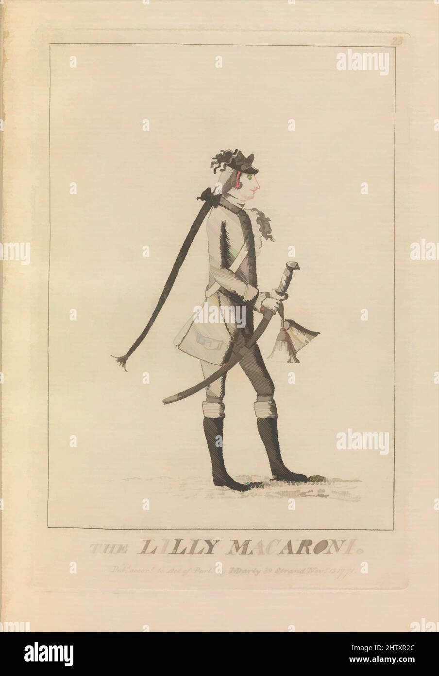 Arte ispirata ai Lilly Macaroni, 13 novembre 1771, incisione, piatto: 6 1/4 x 4 3/16 pollici (15,8 x 10,7 cm), stampe, opere classiche modernizzate da Artotop con un tuffo di modernità. Forme, colore e valore, impatto visivo accattivante sulle emozioni artistiche attraverso la libertà delle opere d'arte in modo contemporaneo. Un messaggio senza tempo che persegue una nuova direzione selvaggiamente creativa. Artisti che si rivolgono al supporto digitale e creano l'NFT Artotop Foto Stock