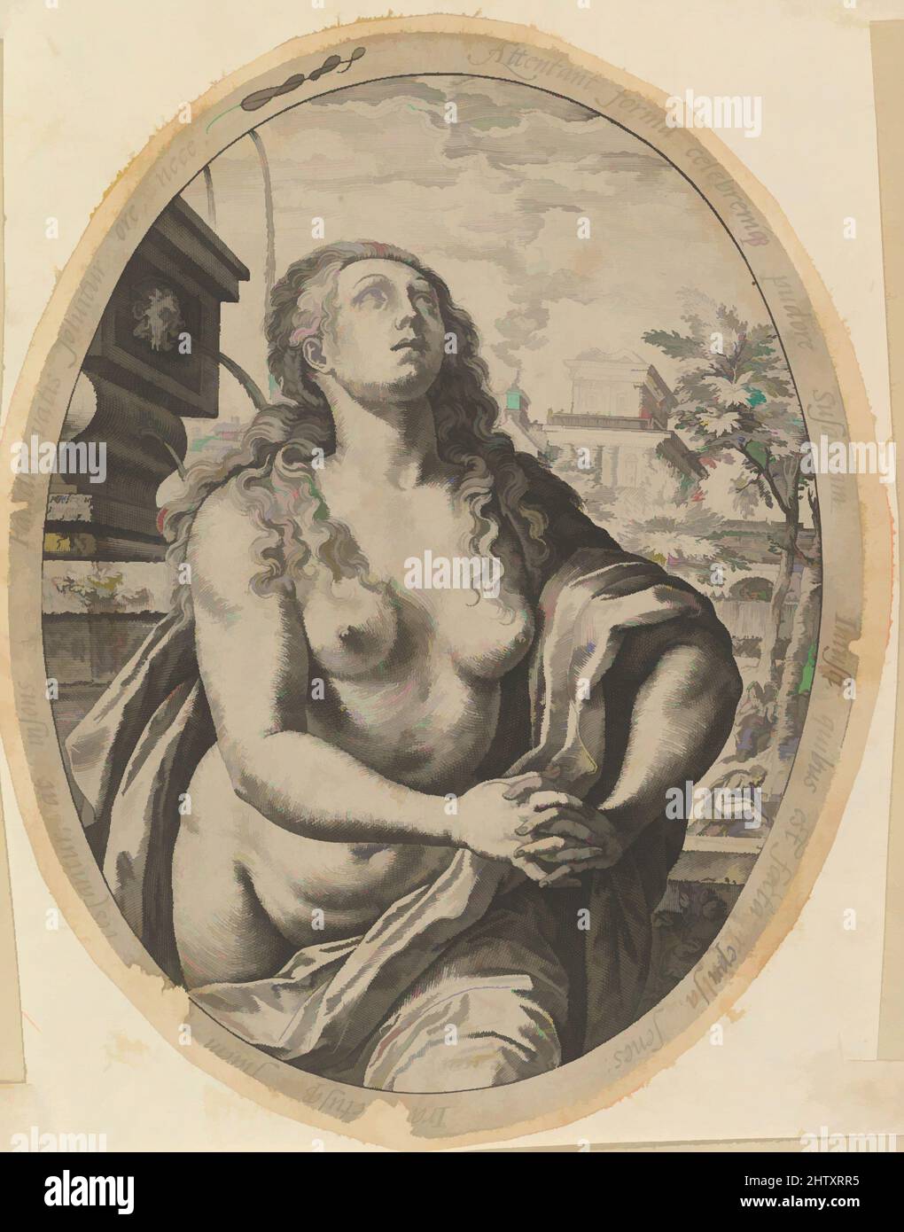 Art Inspired by Susanna, 1583, incisione; primo stato di due, foglio ovale: 7 1/4 x 55 7/8 poll. (18,4 x 142 cm), Prints, Hendrick Goltzius (Netherlandish, Mühlbracht 1558–1617 Haarlem, opere classiche modernizzate da Artotop con un tocco di modernità. Forme, colore e valore, impatto visivo accattivante sulle emozioni artistiche attraverso la libertà delle opere d'arte in modo contemporaneo. Un messaggio senza tempo che persegue una nuova direzione selvaggiamente creativa. Artisti che si rivolgono al supporto digitale e creano l'NFT Artotop Foto Stock