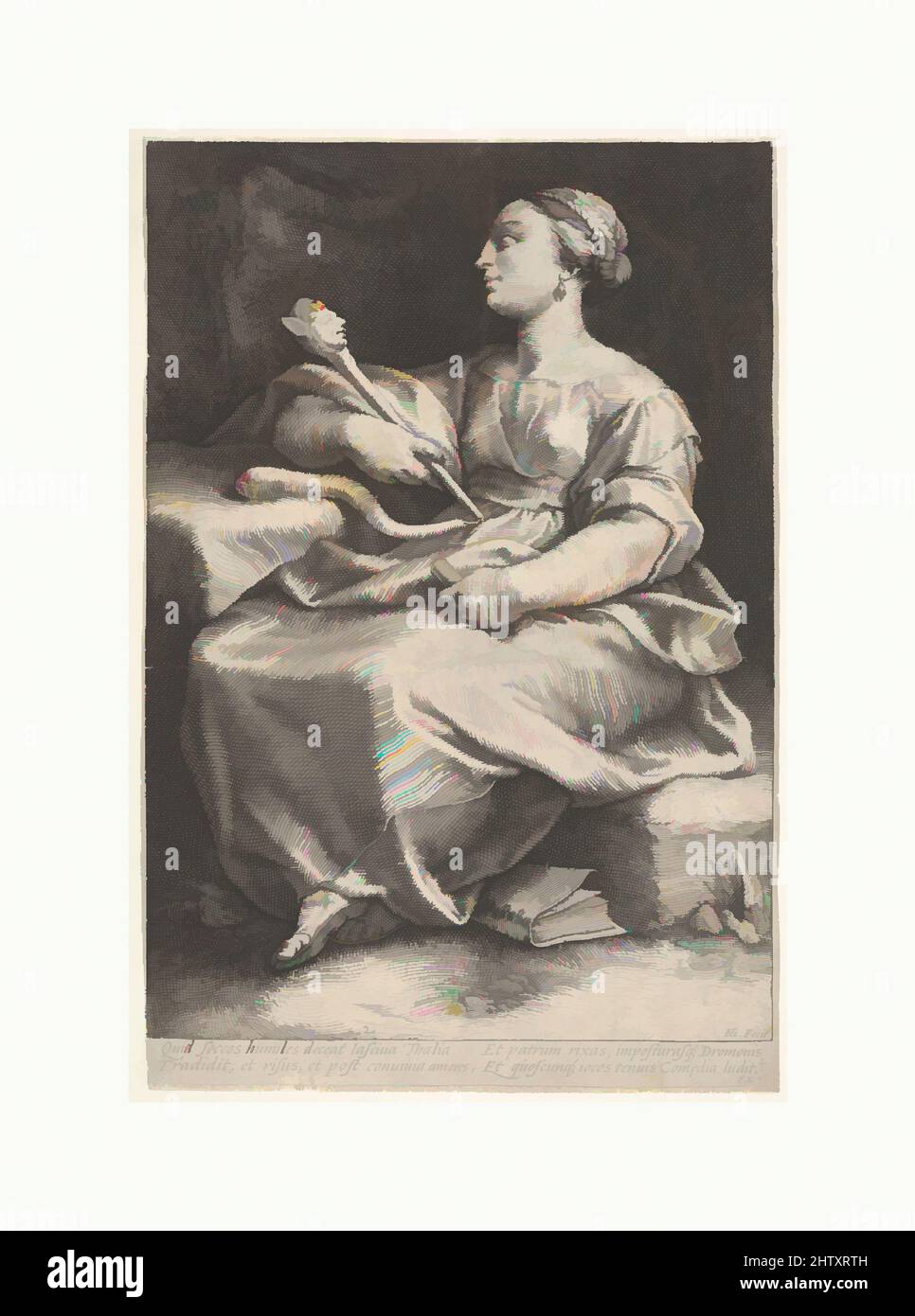 Art Inspired by Thalia, The Muse of Comedy, Engraving, foglio: 9 13/16 x 6 9/16 pollici (25 x 16,7 cm), Prints, Hendrick Goltzius (Netherlandish, Mühlbracht 1558–1617 Haarlem, opere classiche modernizzate da Artotop con un tocco di modernità. Forme, colore e valore, impatto visivo accattivante sulle emozioni artistiche attraverso la libertà delle opere d'arte in modo contemporaneo. Un messaggio senza tempo che persegue una nuova direzione selvaggiamente creativa. Artisti che si rivolgono al supporto digitale e creano l'NFT Artotop Foto Stock