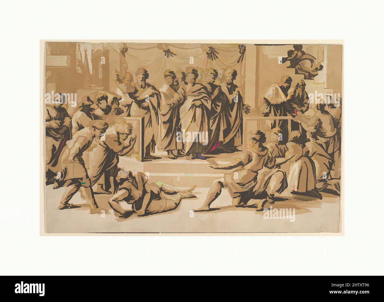 Arte ispirata alla morte di Anania, 1518, Chiaroscuro legno stampato da tre blocchi in inchiostro marrone e nero, foglio: 9 3/4 x 14 7/8 pollici. (24,7 x 37,8 cm), stampe, Ugo da Carpi (Italiano, Carpi ca. 1480–1532 Bologna), dopo Raffaello (Raffaello Sanzio o Santi) (italiano, Urbino 1483–1520, opere classiche modernizzate da Artotop con un tuffo di modernità. Forme, colore e valore, impatto visivo accattivante sulle emozioni artistiche attraverso la libertà delle opere d'arte in modo contemporaneo. Un messaggio senza tempo che persegue una nuova direzione selvaggiamente creativa. Artisti che si rivolgono al supporto digitale e creano l'NFT Artotop Foto Stock