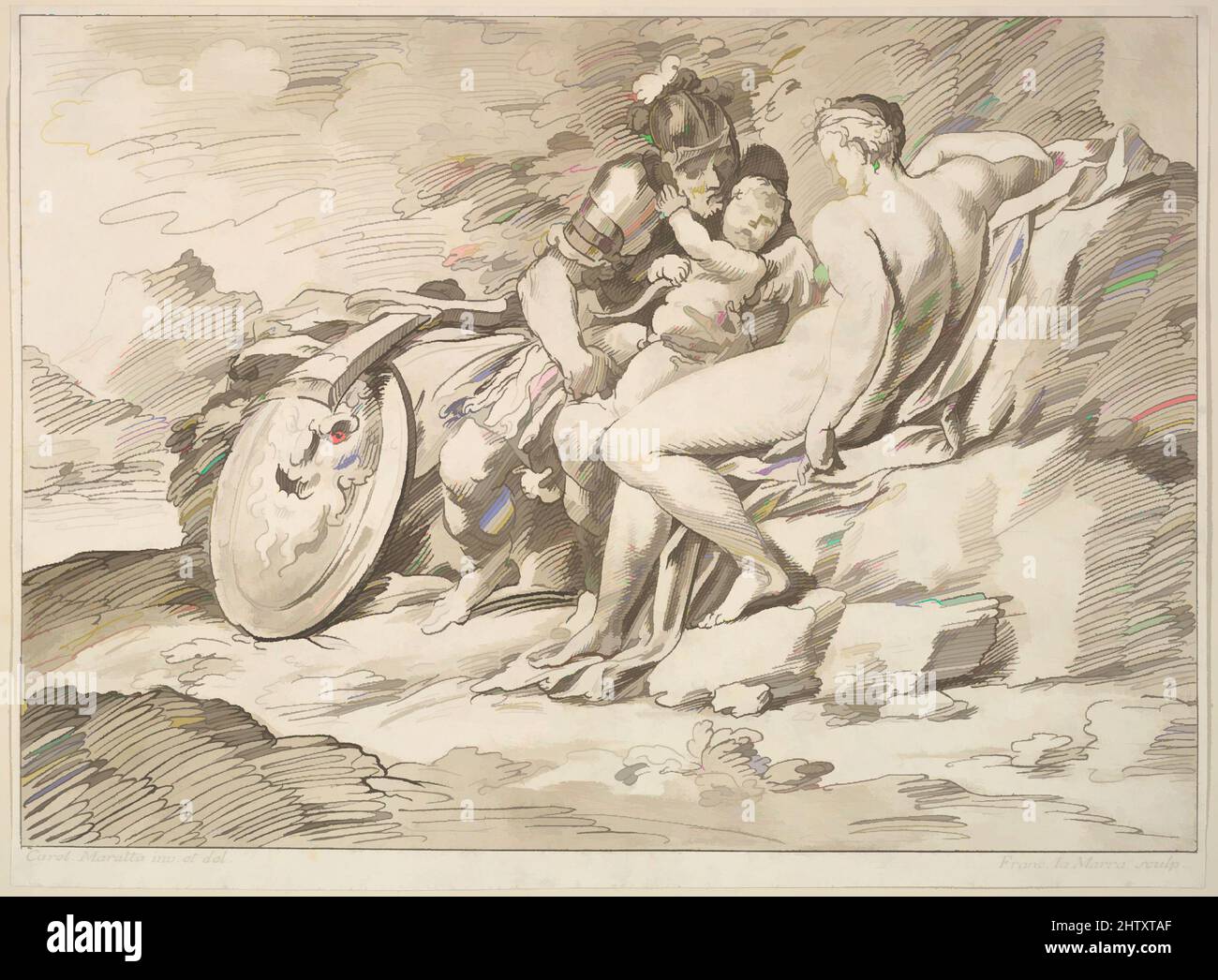 Arte ispirata da Venere, Marte e Cupido, 1725–80, incisione, foglio: 13 3/16 x 15 15/16 pollici (33,5 x 40,5 cm), stampe, Francesco Lamarra (italiano, Martina ca. 1710–1780 Napoli (?)), dopo Carlo Maratti (italiano, Camerano 1625–1713 Roma, opere classiche modernizzate da Artotop con un tuffo di modernità. Forme, colore e valore, impatto visivo accattivante sulle emozioni artistiche attraverso la libertà delle opere d'arte in modo contemporaneo. Un messaggio senza tempo che persegue una nuova direzione selvaggiamente creativa. Artisti che si rivolgono al supporto digitale e creano l'NFT Artotop Foto Stock