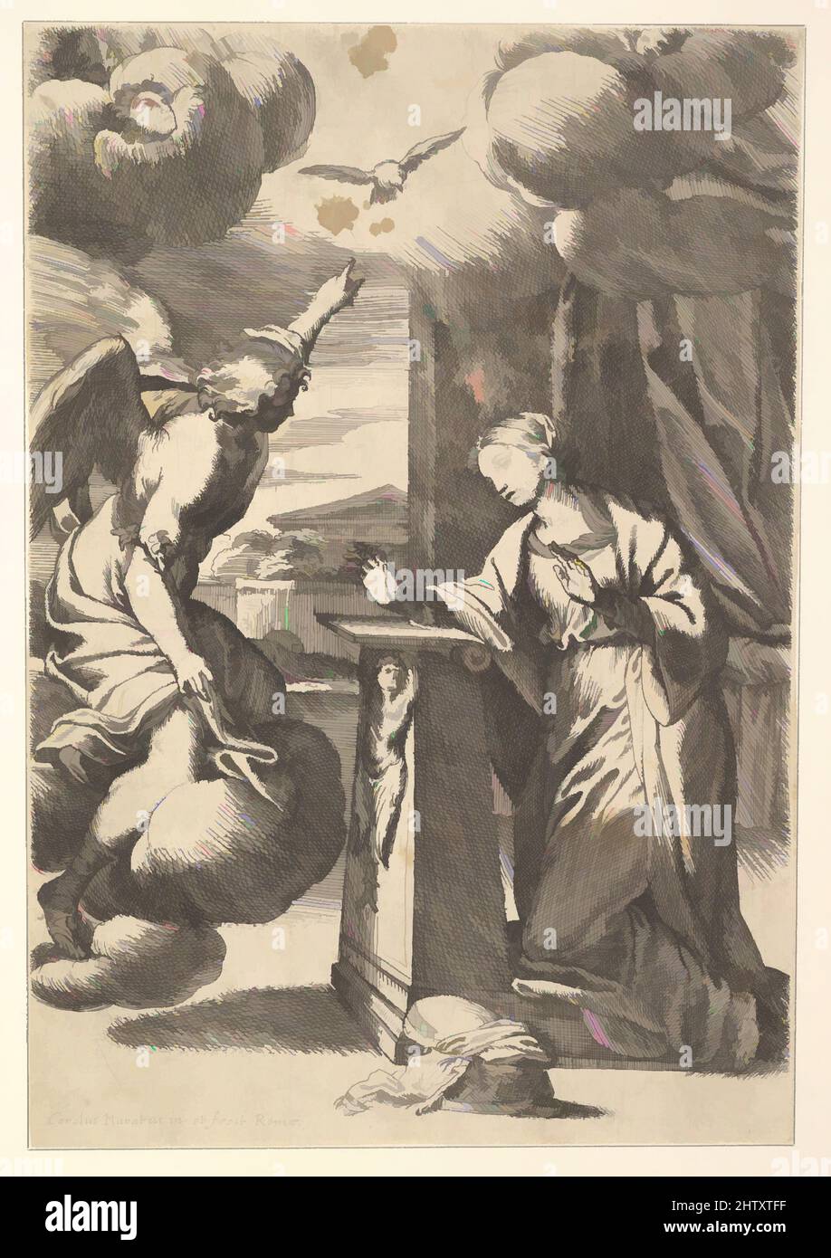 Arte ispirata dall'Annunciazione, incisione; secondo stato di due (Bartsch), foglio: 11 x 7 1/2 pollici (28 x 19 cm), stampe, Carlo Maratti (Italiano, Camerano 1625–1713 Roma, opere classiche modernizzate da Artotop con un tuffo di modernità. Forme, colore e valore, impatto visivo accattivante sulle emozioni artistiche attraverso la libertà delle opere d'arte in modo contemporaneo. Un messaggio senza tempo che persegue una nuova direzione selvaggiamente creativa. Artisti che si rivolgono al supporto digitale e creano l'NFT Artotop Foto Stock