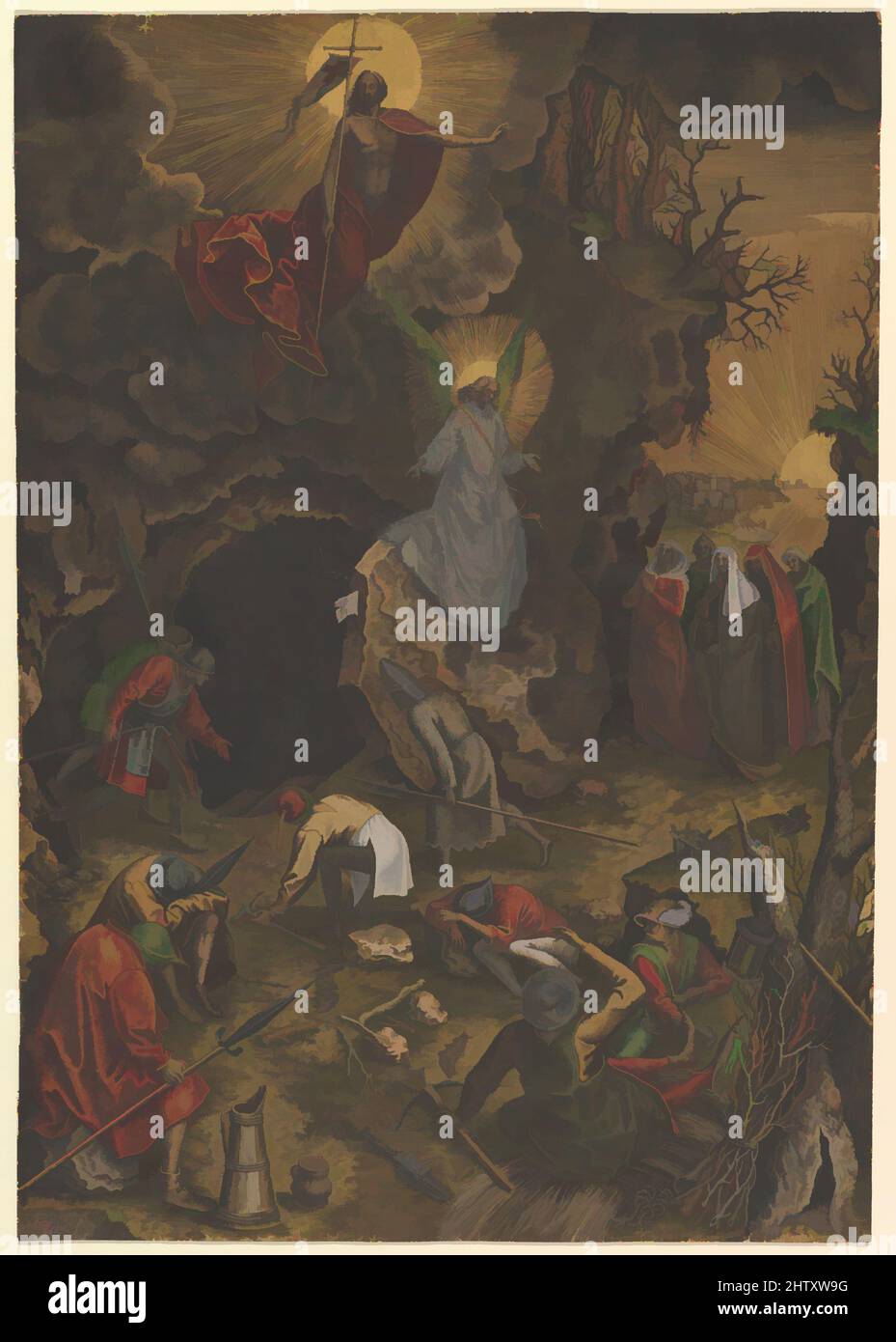 Arte ispirata alla Risurrezione, ca. 1562–63, incisione; primo stato di tre; colore a mano in oro, rosso, verde blu giallo, marrone e bianco., foglio: 16 7/8 x 11 3/4 pollici (42,8 x 29,9 cm), Prints, Philips Galle (Olanda, Haarlem 1537–1612 Anversa), Pieter Bruegel The Elder (, opere classiche modernizzate da Artotop con un tocco di modernità. Forme, colore e valore, impatto visivo accattivante sulle emozioni artistiche attraverso la libertà delle opere d'arte in modo contemporaneo. Un messaggio senza tempo che persegue una nuova direzione selvaggiamente creativa. Artisti che si rivolgono al supporto digitale e creano l'NFT Artotop Foto Stock