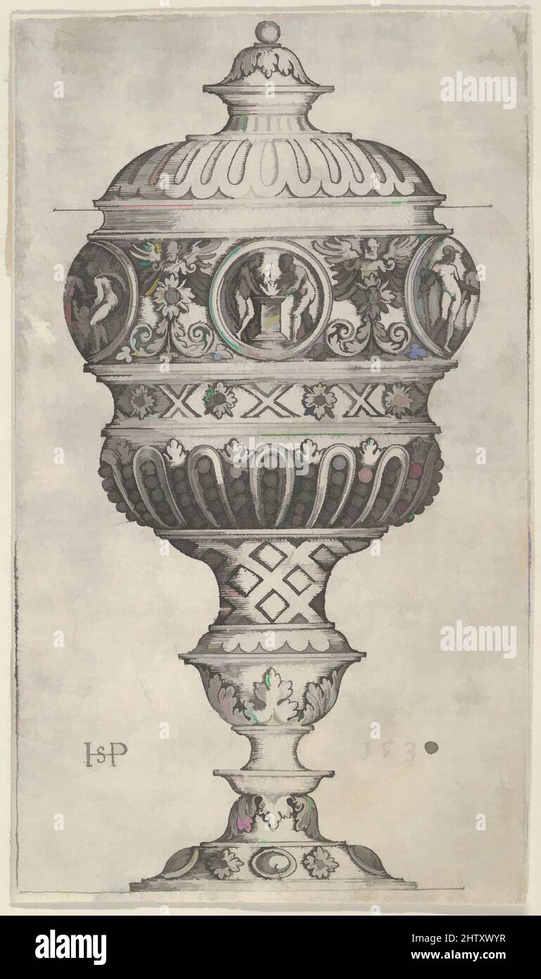 Art Inspired by Goblet with Round medaglioni, 1530, incisione, foglio: 3 5/8 x 2 1/16 poll. (9,2 x 5,2 cm), Sebald Beham (tedesco, Norimberga 1500–1550 Francoforte), Design per un calice doppio con medaglioni tra figure alate. In rotonde, scene classiche, con due figure e a, opere classiche modernizzate da Artotop con un tuffo di modernità. Forme, colore e valore, impatto visivo accattivante sulle emozioni artistiche attraverso la libertà delle opere d'arte in modo contemporaneo. Un messaggio senza tempo che persegue una nuova direzione selvaggiamente creativa. Artisti che si rivolgono al supporto digitale e creano l'NFT Artotop Foto Stock