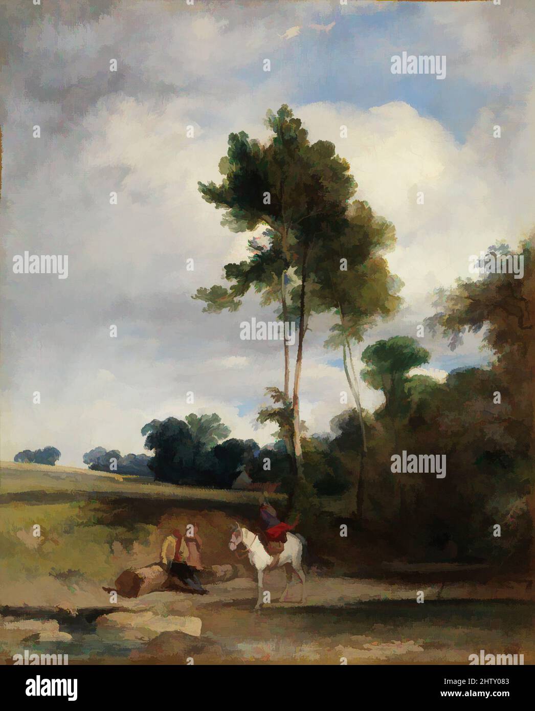 Arte ispirata da Roadside Halt, 1826, olio su tela, 18 1/4 x 14 7/8 poll. (46,4 x 37,8 cm), dipinti, Richard Parkes Bonington (British, Arnold, Nottinghamshire 1802–1828 London), ambientato in Normandia, questa tela del 1826 è dipinta con una fluidità e leggerezza simile all'acquerello, un mezzo, opere classiche modernizzate da Artotop con un tuffo di modernità. Forme, colore e valore, impatto visivo accattivante sulle emozioni artistiche attraverso la libertà delle opere d'arte in modo contemporaneo. Un messaggio senza tempo che persegue una nuova direzione selvaggiamente creativa. Artisti che si rivolgono al supporto digitale e creano l'NFT Artotop Foto Stock