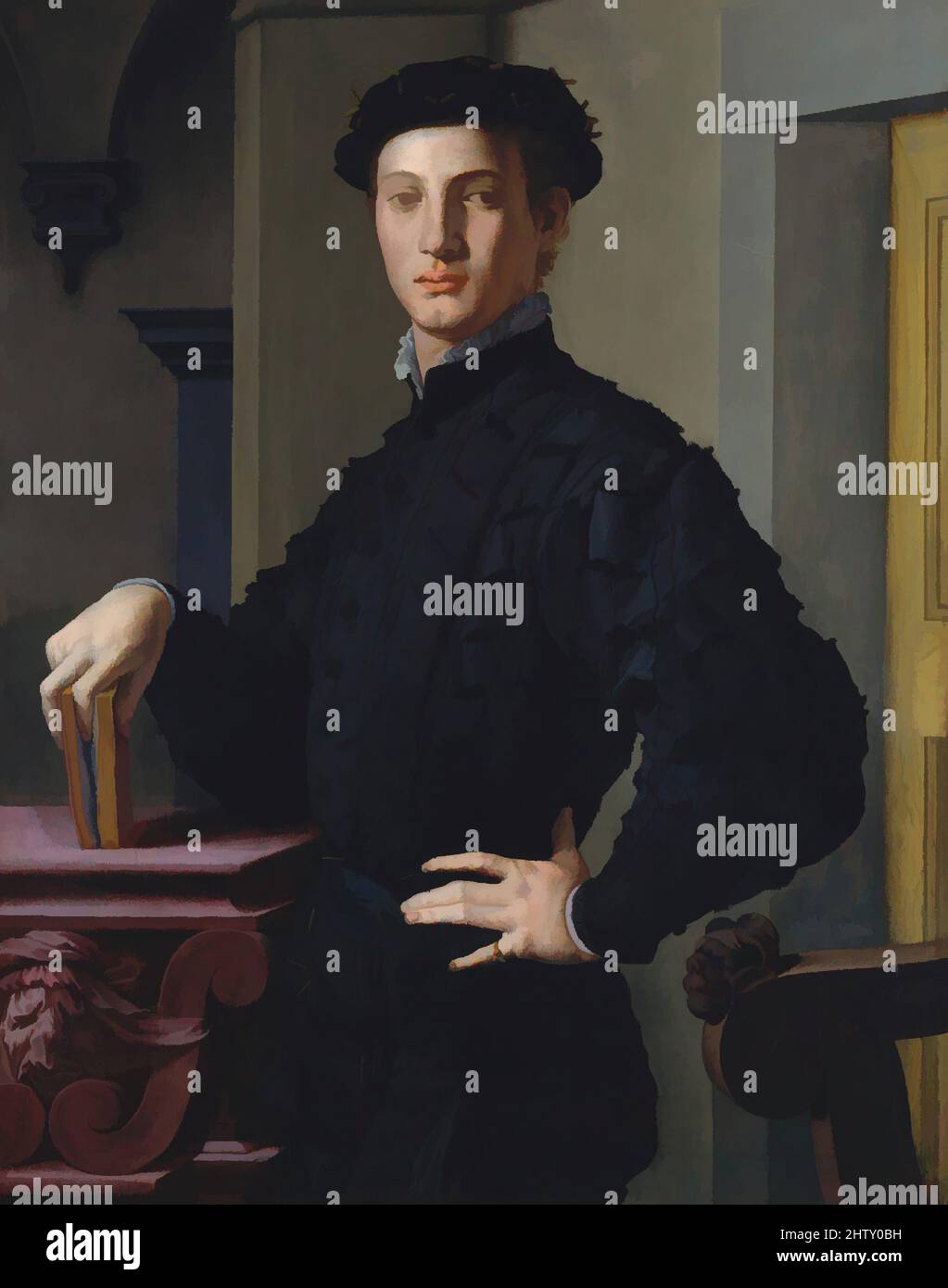 Arte ispirata da Ritratto di un giovane uomo, 1530s, olio su legno, 37 5/8 x 29 1/2 poll. (95,6 x 74,9 cm), dipinti, Bronzino (Agnolo di Cosimo di Mariano) (Monticelli 1503–1572 Firenze), questo ritratto, tra i più spiccati del Bronzino, fu dipinto nel 1530s. La sitter non è noto, opere classiche modernizzate da Artotop con un tuffo di modernità. Forme, colore e valore, impatto visivo accattivante sulle emozioni artistiche attraverso la libertà delle opere d'arte in modo contemporaneo. Un messaggio senza tempo che persegue una nuova direzione selvaggiamente creativa. Artisti che si rivolgono al supporto digitale e creano l'NFT Artotop Foto Stock
