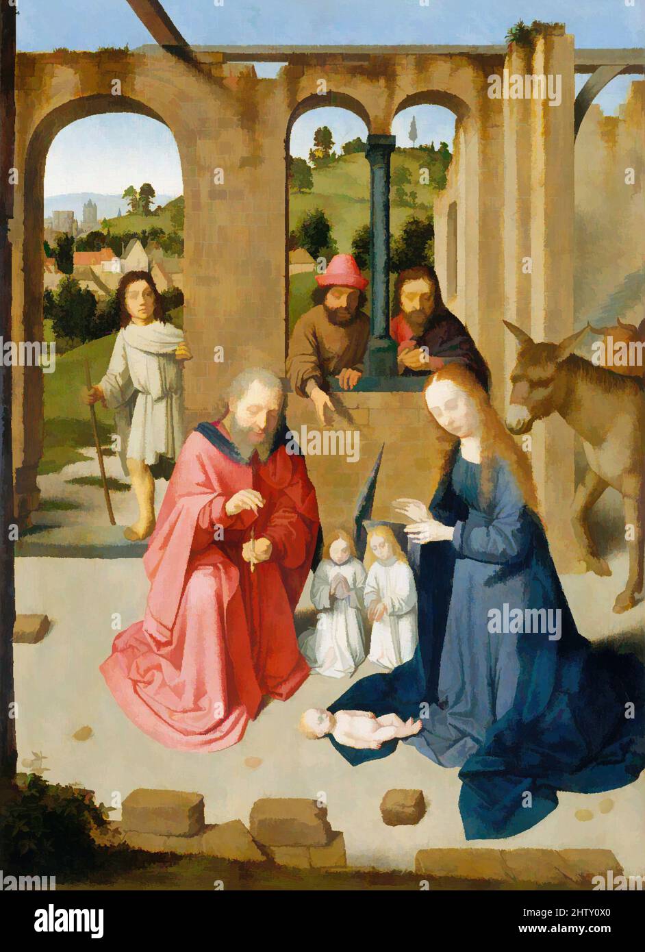 Arte ispirata alla Natività, inizio 1480s, olio su legno, totale 18 3/4 x 13 1/2 poll. (47,6 x 34,3 cm), superficie verniciata 18 1/2 x 13 3/8 poll. (47 x 34 cm), dipinti, Gerard David (Olanda, Oudewater ca. 1455–1523 Bruges), questo dipinto, che molto probabilmente era inteso come un unico, opere classiche modernizzate da Artotop con un tuffo di modernità. Forme, colore e valore, impatto visivo accattivante sulle emozioni artistiche attraverso la libertà delle opere d'arte in modo contemporaneo. Un messaggio senza tempo che persegue una nuova direzione selvaggiamente creativa. Artisti che si rivolgono al supporto digitale e creano l'NFT Artotop Foto Stock