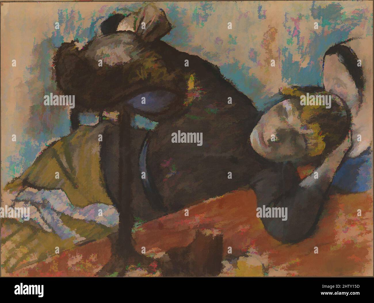 Arte ispirata al Milliner, ca. 1882, pastello e carbone su carta di colore grigio caldo, ora scolorita a buccia (filigrana MICHALLET), posata su carta di colore marrone scuro, 18 3/4 x 24 1/2 pollici (47,6 x 62,2 cm), disegni, Edgar Degas (francese, Parigi 1834–1917 Parigi), immagini di Degas, Opere classiche modernizzate da Artotop con un tocco di modernità. Forme, colore e valore, impatto visivo accattivante sulle emozioni artistiche attraverso la libertà delle opere d'arte in modo contemporaneo. Un messaggio senza tempo che persegue una nuova direzione selvaggiamente creativa. Artisti che si rivolgono al supporto digitale e creano l'NFT Artotop Foto Stock