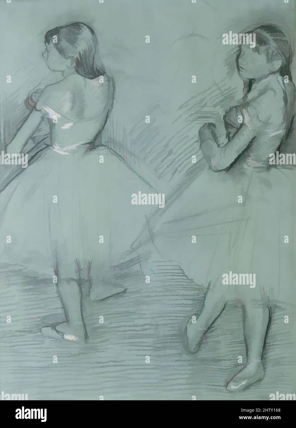 Arte ispirata da due ballerini, ca. 1879, carbone e gesso bianco su carta bianca rivestita in commercio verde, 25 1/8 x 19 1/4 poll. (63,8 x 48,9 cm), disegni, Edgar Degas (francese, Parigi 1834–1917 Parigi), Marie van Goethem, Chi ha posato per la scultura di Degas il ballerino di quattordici anni, opere classiche modernizzate da Artotop con un tuffo di modernità. Forme, colore e valore, impatto visivo accattivante sulle emozioni artistiche attraverso la libertà delle opere d'arte in modo contemporaneo. Un messaggio senza tempo che persegue una nuova direzione selvaggiamente creativa. Artisti che si rivolgono al supporto digitale e creano l'NFT Artotop Foto Stock