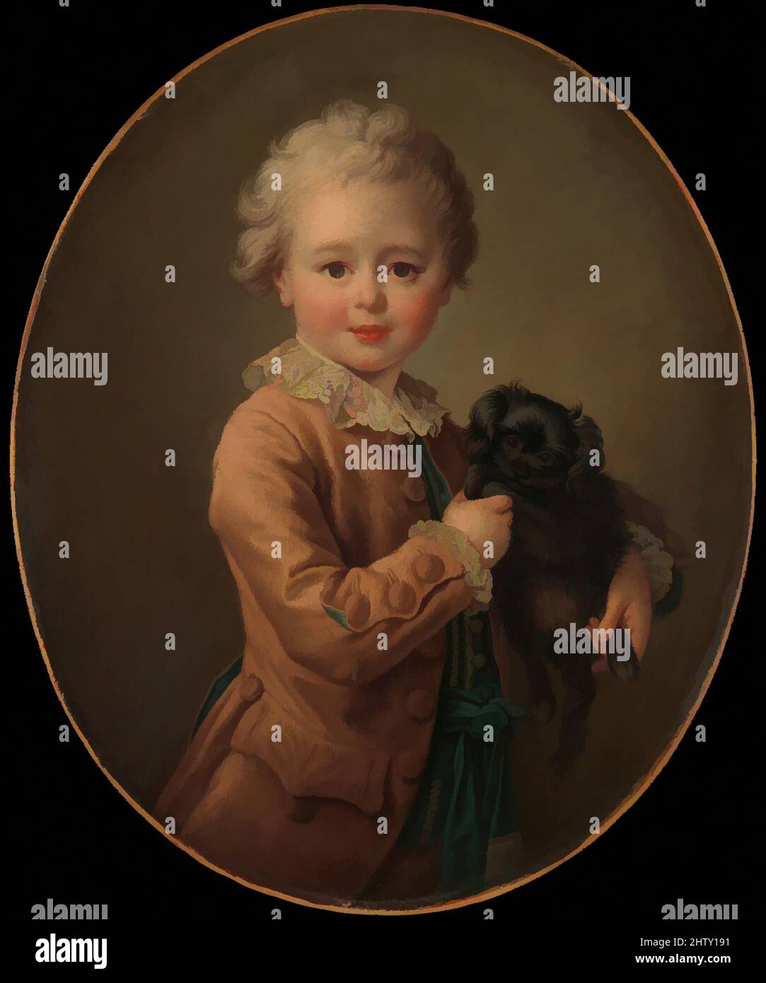 Arte ispirata a Boy con un Black Spaniel, olio su tela, ovale, 25 3/8 x 21 poll. (64,5 x 53,3 cm), dipinti, Franois Hubert Drouais (francese, Parigi 1727–1775 Parigi), l'immagine è una replica autografa di un'opera (luogo sconosciuto) che è completamente firmato e datato 1766 ed è stato esposto a, opere classiche modernizzate da Artotop con un tuffo di modernità. Forme, colore e valore, impatto visivo accattivante sulle emozioni artistiche attraverso la libertà delle opere d'arte in modo contemporaneo. Un messaggio senza tempo che persegue una nuova direzione selvaggiamente creativa. Artisti che si rivolgono al supporto digitale e creano l'NFT Artotop Foto Stock