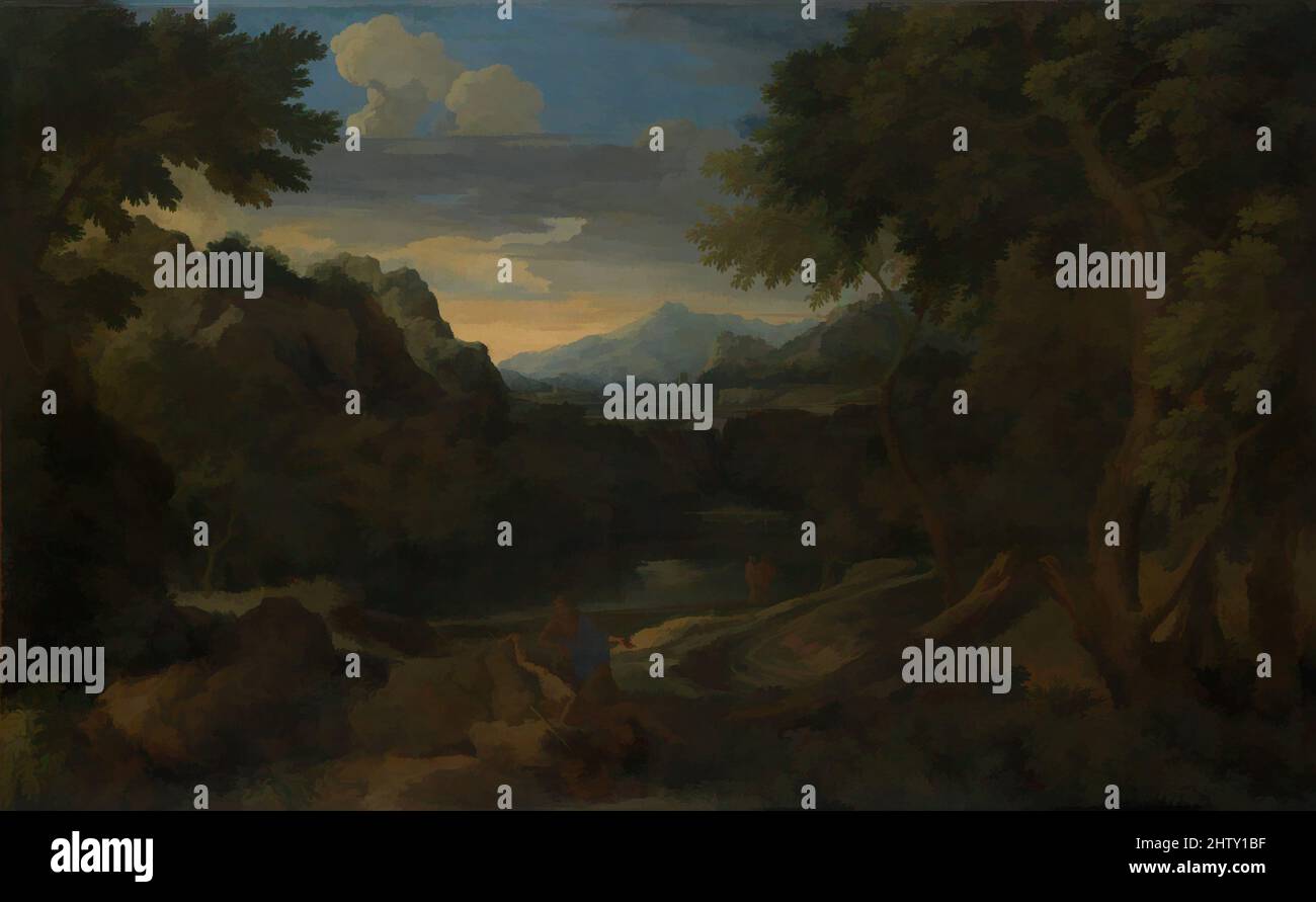 Arte ispirata al paesaggio immaginario, olio su tela, 37 7/8 x 60 1/2 poll. (96,2 x 153,7 cm), dipinti, Gaspard Dughet (francese, Roma 1615–1675 Roma), Gaspard Dughet era cognato di Poussin. Imparò a dipingere da lui e fu anche più tardi, confusamente, conosciuto come 'Gaspard Poussin'. Le sue opere classiche modernizzate da Artotop con un tocco di modernità. Forme, colore e valore, impatto visivo accattivante sulle emozioni artistiche attraverso la libertà delle opere d'arte in modo contemporaneo. Un messaggio senza tempo che persegue una nuova direzione selvaggiamente creativa. Artisti che si rivolgono al supporto digitale e creano l'NFT Artotop Foto Stock