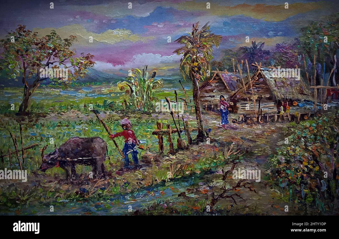 Arte pittura olio colore cielo nord-est Thailandia campagna, agricoltore, vita rurale, rurale tailandese Foto Stock