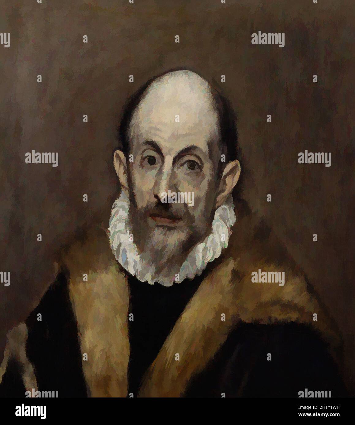 Arte ispirata dal Ritratto di un uomo Vecchio, ca. 1595–1600, olio su tela, 20 3/4 x 18 3/8 poll. (52,7 x 46,7 cm), dipinti, El Greco (Domenikos Theotokopoulos) (Greco, Iráklion (Candia) 1540/41–1614 Toledo), i ritratti candidi di El Greco sono stati costantemente ammirati per il loro naturalismo e, opere classiche modernizzate da Artotop con un tuffo di modernità. Forme, colore e valore, impatto visivo accattivante sulle emozioni artistiche attraverso la libertà delle opere d'arte in modo contemporaneo. Un messaggio senza tempo che persegue una nuova direzione selvaggiamente creativa. Artisti che si rivolgono al supporto digitale e creano l'NFT Artotop Foto Stock