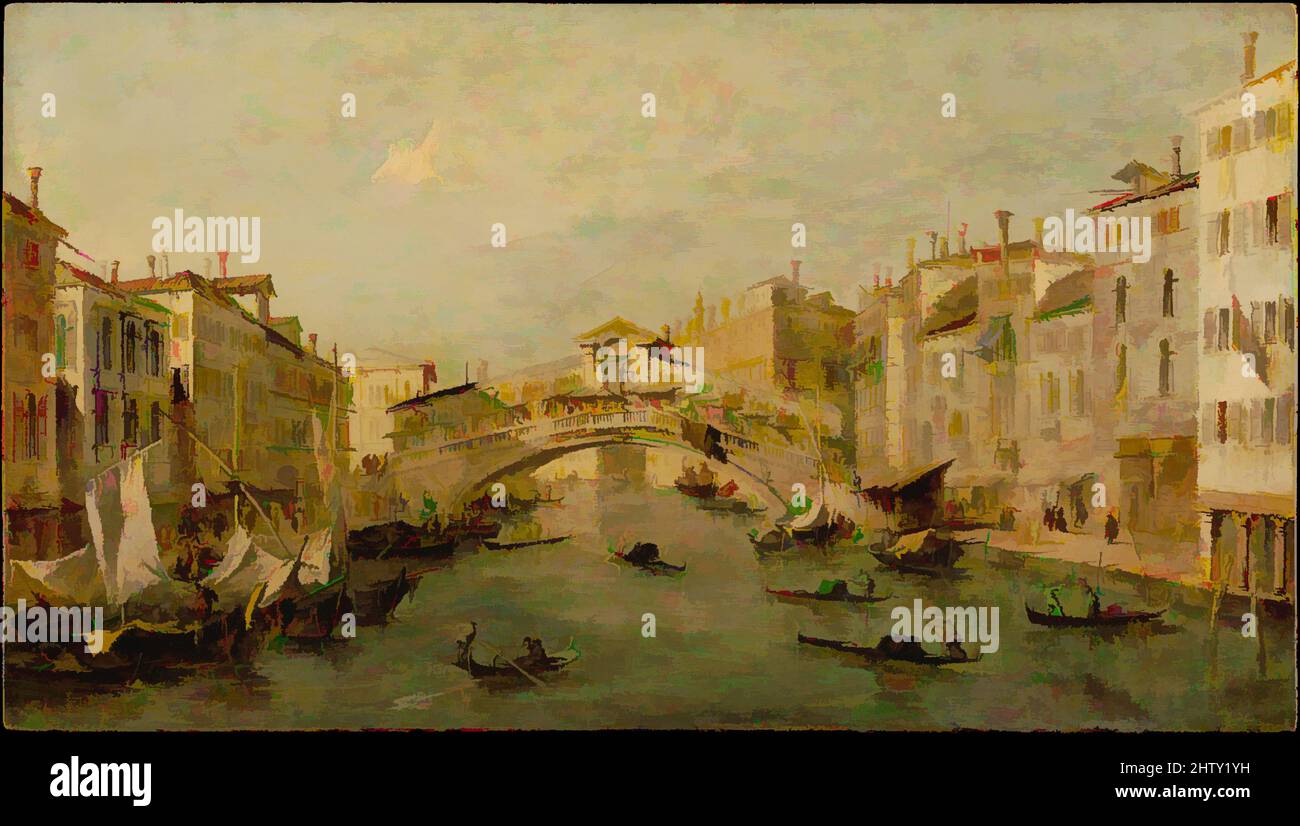 Arte ispirata a Venezia: Il Rialto, olio su legno, 7 1/8 x 12 5/8 poll. (18,1 x 32,1 cm), dipinti, laboratorio di Francesco Guardi (Venezia 1712–1793 Venezia, opere classiche modernizzate da Artotop con un tuffo di modernità. Forme, colore e valore, impatto visivo accattivante sulle emozioni artistiche attraverso la libertà delle opere d'arte in modo contemporaneo. Un messaggio senza tempo che persegue una nuova direzione selvaggiamente creativa. Artisti che si rivolgono al supporto digitale e creano l'NFT Artotop Foto Stock