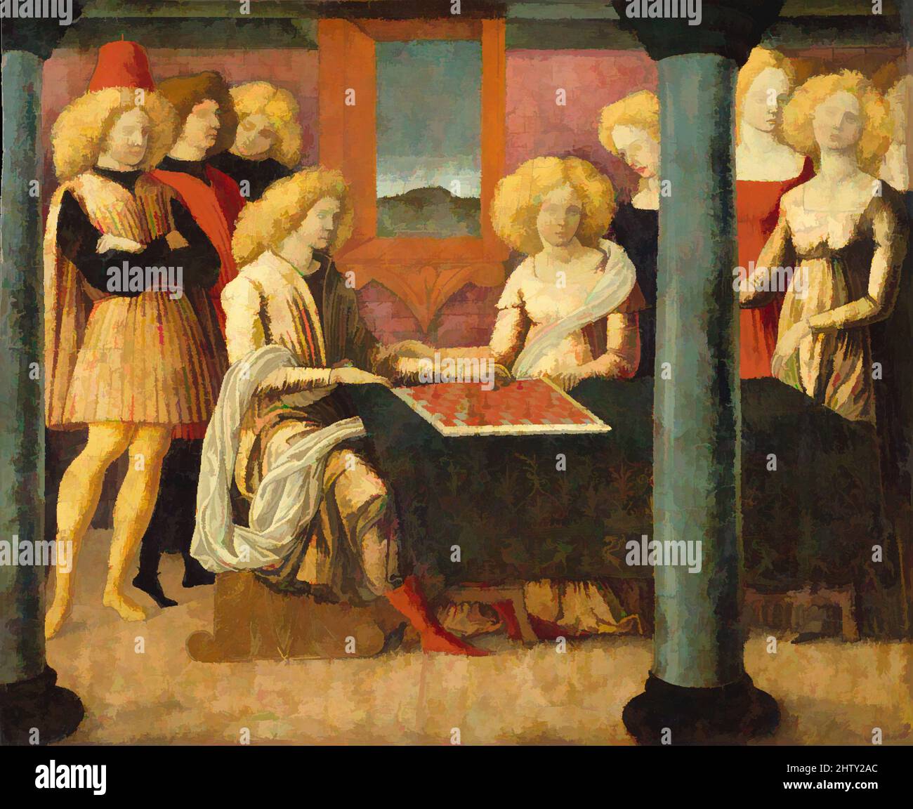 Arte ispirata ai giocatori di scacchi, ca. 1475, Tempera su legno, totale 13 3/4 x 16 1/4 poll. (34,9 x 41,3 cm); superficie verniciata 13 1/8 x 15 7/8 poll. (33,3 x 40,3 cm), dipinti, Liberale da Verona (italiano, Verona ca. 1445–1527/29 Verona), questo e il suo pannello di accompagnamento sono di fronte, opere classiche modernizzate da Artotop con un tuffo di modernità. Forme, colore e valore, impatto visivo accattivante sulle emozioni artistiche attraverso la libertà delle opere d'arte in modo contemporaneo. Un messaggio senza tempo che persegue una nuova direzione selvaggiamente creativa. Artisti che si rivolgono al supporto digitale e creano l'NFT Artotop Foto Stock