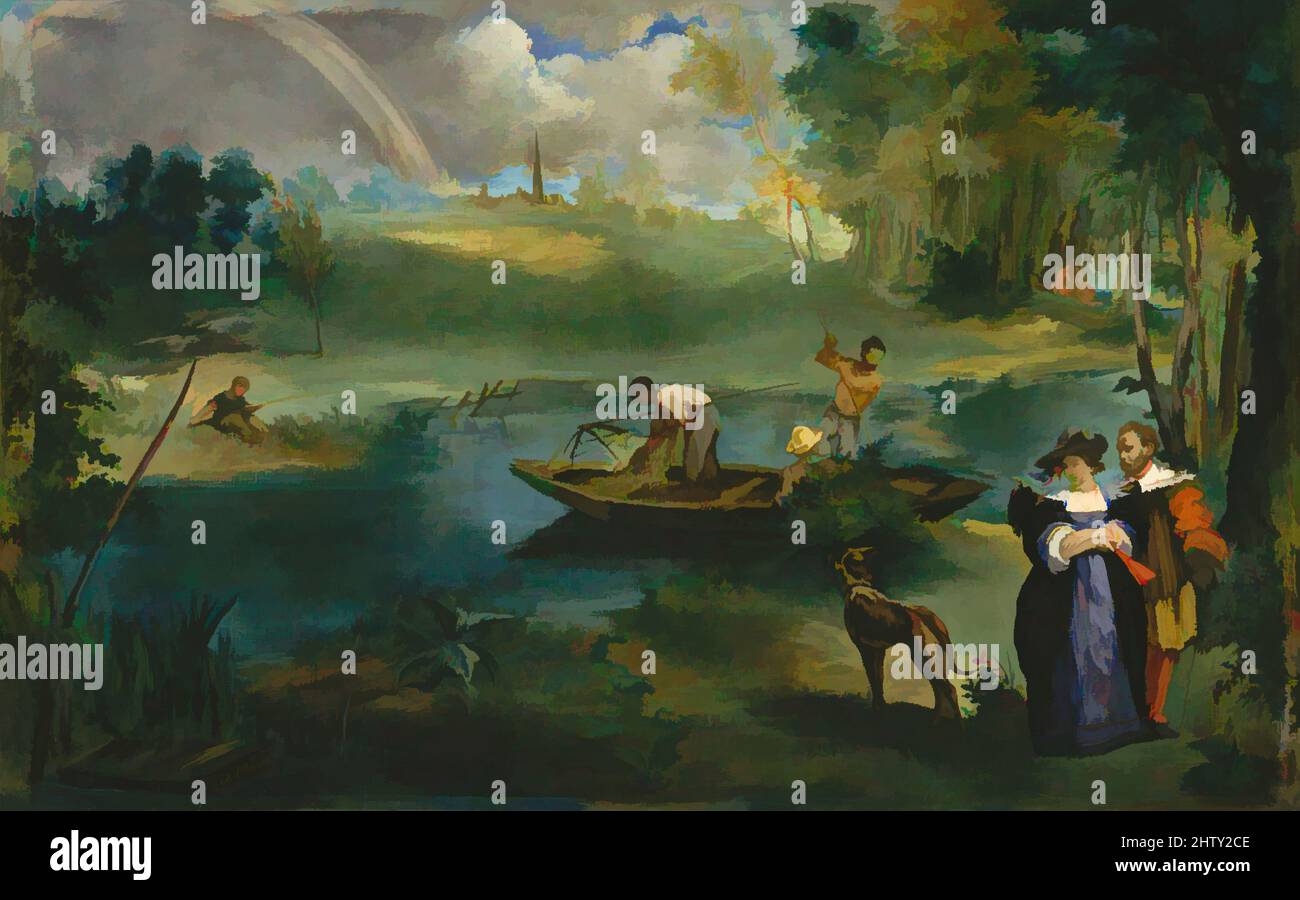 Arte ispirata alla pesca, ca. 1862–63, olio su tela, 30 1/4 x 48 1/2 poll. (76,8 x 123,2 cm), dipinti, Édouard Manet (francese, Parigi 1832–1883 Parigi), modellato da elementi nei paesaggi di Peter Paul Rubens, il dipinto attuale dà la valuta alla raccomandazione di Delacroix a Manet, opere classiche modernizzate da Artotop con un tuffo di modernità. Forme, colore e valore, impatto visivo accattivante sulle emozioni artistiche attraverso la libertà delle opere d'arte in modo contemporaneo. Un messaggio senza tempo che persegue una nuova direzione selvaggiamente creativa. Artisti che si rivolgono al supporto digitale e creano l'NFT Artotop Foto Stock