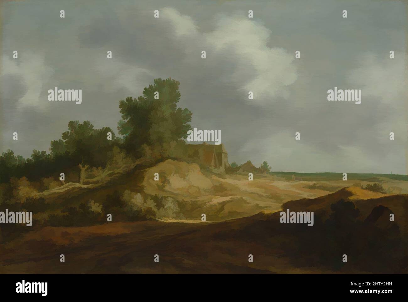 Arte ispirata al paesaggio con un cottage, 1629, olio su legno, 14 3/4 x 21 3/4 poll. (37,5 x 55,2 cm), dipinti, Pieter de Molijn (olandese, Londra 1595–1661 Haarlem), nato a Londra, Molijn si unì alla corporazione del pittore a Haarlem nel 1616. Insieme ai suoi contemporanei leggermente più giovani, Jan, Classic opere modernizzate da Artotop con un tuffo di modernità. Forme, colore e valore, impatto visivo accattivante sulle emozioni artistiche attraverso la libertà delle opere d'arte in modo contemporaneo. Un messaggio senza tempo che persegue una nuova direzione selvaggiamente creativa. Artisti che si rivolgono al supporto digitale e creano l'NFT Artotop Foto Stock