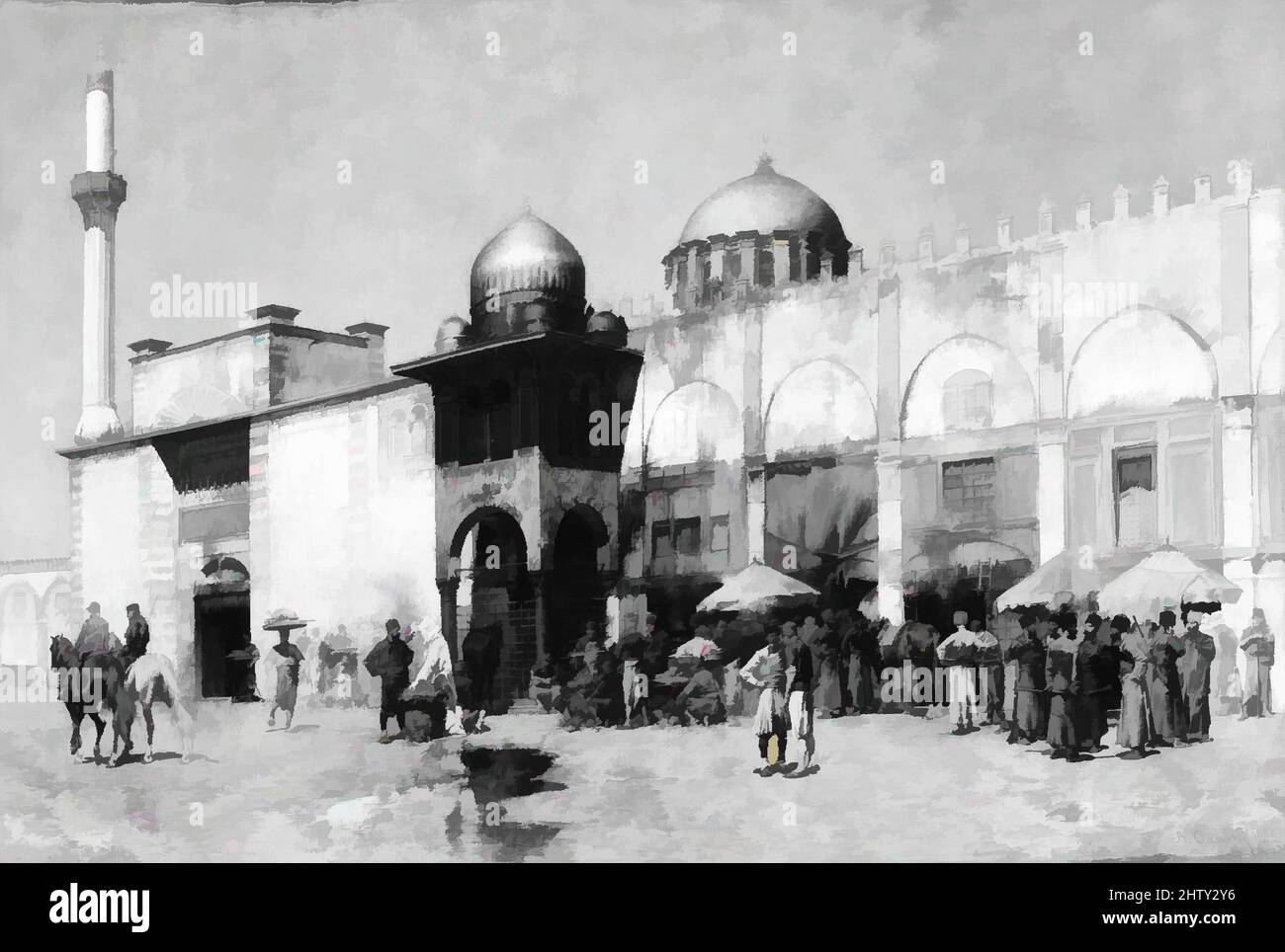 Arte ispirata da una moschea, 1886, olio su tela, 14 5/8 x 21 3/4 poll. (37,1 x 55,2 cm), dipinti, Alberto Pasini (Busseto 1826–1899 Cavoretto), una moschea che fa da sfondo a questa scena di vita del villaggio, che presenta molte figure equipaggiate in stile militare europeo, opere classiche modernizzate da Artotop con un tuffo di modernità. Forme, colore e valore, impatto visivo accattivante sulle emozioni artistiche attraverso la libertà delle opere d'arte in modo contemporaneo. Un messaggio senza tempo che persegue una nuova direzione selvaggiamente creativa. Artisti che si rivolgono al supporto digitale e creano l'NFT Artotop Foto Stock