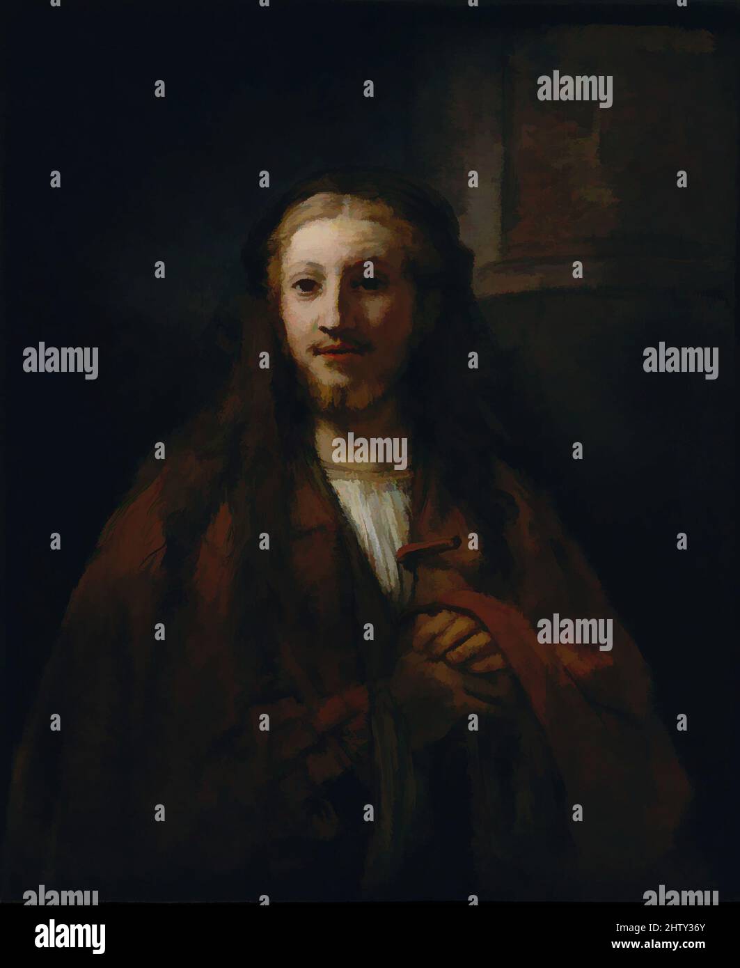 Arte ispirata a Cristo con un bastone, olio su tela, 37 1/2 x 32 1/2 poll. (95,3 x 82,6 cm), dipinti, seguace di Rembrandt (olandese, terzo trimestre del 17th secolo), questo quadro impressionante è stato chiaramente ispirato dallo stile di Rembrandt del 1660s ed è stato presumibilmente dipinto nella sua officina, opere classiche modernizzate da Artotop con un tuffo di modernità. Forme, colore e valore, impatto visivo accattivante sulle emozioni artistiche attraverso la libertà delle opere d'arte in modo contemporaneo. Un messaggio senza tempo che persegue una nuova direzione selvaggiamente creativa. Artisti che si rivolgono al supporto digitale e creano l'NFT Artotop Foto Stock