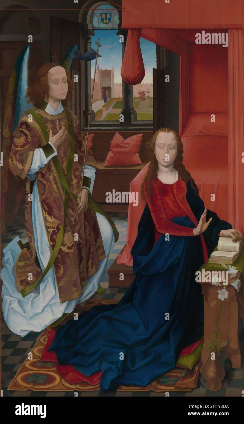 Arte ispirata all'Annunciazione, ca. 1465–70, olio su legno, 73 1/4 x 45 1/4 poll. (186,1 x 114,9 cm), dipinti, Hans Memling (Netherlandish, Seligenstadt, attivo da Bruges 1465-defunto 1494), una delle più grandi raffigurazioni sopravvissute dell'Annunciazione, questo imponente dipinto può essere stato, opere classiche modernizzate da Artotop con un tuffo di modernità. Forme, colore e valore, impatto visivo accattivante sulle emozioni artistiche attraverso la libertà delle opere d'arte in modo contemporaneo. Un messaggio senza tempo che persegue una nuova direzione selvaggiamente creativa. Artisti che si rivolgono al supporto digitale e creano l'NFT Artotop Foto Stock