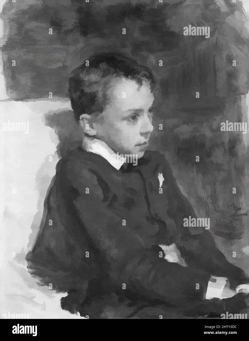Arte ispirata da Ritratto di un ragazzo, 1884, olio su tela, 22 1/2 x 17 3/8 poll. (57,2 x 44,1 cm), dipinti, Ilia Efimovich Repin (russo, Chuguev 1844–1930 Kuokkala), il sitter in questo ritratto realista russo non è stato identificato. È stato dipinto nello stesso anno del ritratto di Repin, opere classiche modernizzate da Artotop con un tuffo di modernità. Forme, colore e valore, impatto visivo accattivante sulle emozioni artistiche attraverso la libertà delle opere d'arte in modo contemporaneo. Un messaggio senza tempo che persegue una nuova direzione selvaggiamente creativa. Artisti che si rivolgono al supporto digitale e creano l'NFT Artotop Foto Stock