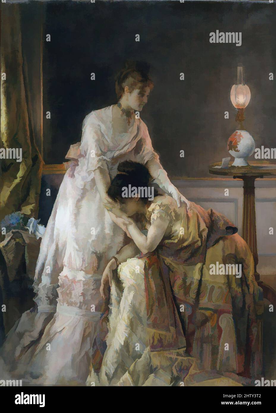 Arte ispirata da After the Ball, 1874, olio su tela, 37 3/4 x 27 1/8 poll. (95,9 x 68,9 cm), dipinti, Alfred Stevens (Belgio, Bruxelles 1823–1906 Parigi), questo dipinto, Conosciuto anche come fiducia, è uno dei numerosi da Stevens per trattare il tema della consolazione. Come nelle altre sue opere, Classic opere modernizzate da Artotop con un tuffo di modernità. Forme, colore e valore, impatto visivo accattivante sulle emozioni artistiche attraverso la libertà delle opere d'arte in modo contemporaneo. Un messaggio senza tempo che persegue una nuova direzione selvaggiamente creativa. Artisti che si rivolgono al supporto digitale e creano l'NFT Artotop Foto Stock