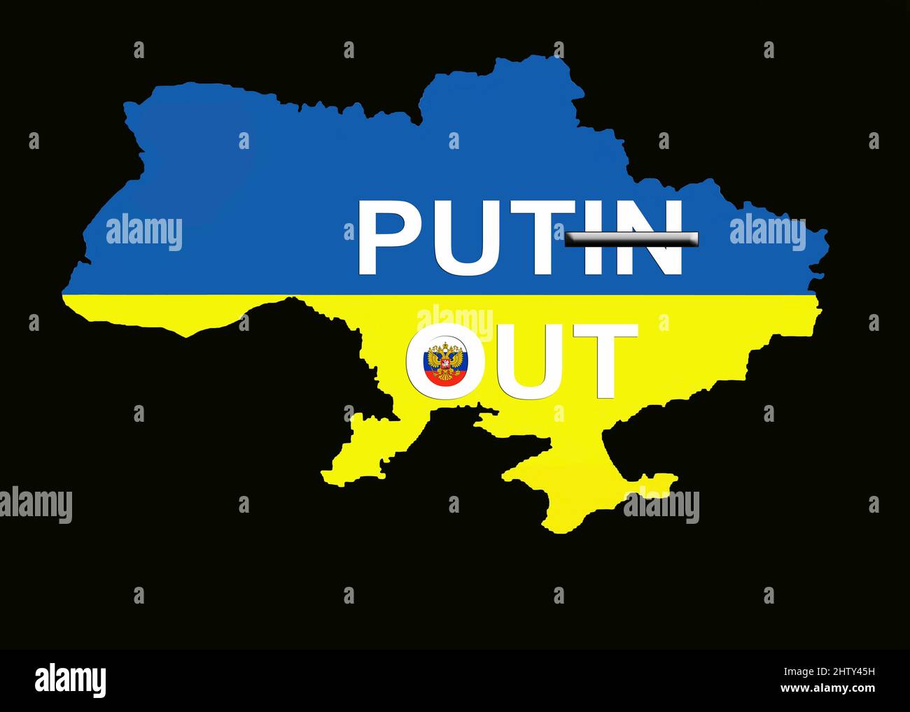 Confine con l'Ucraina con l'iscrizione Putin fuori e i colori nazionali giallo e blu, così come lo stemma della Russia Foto Stock