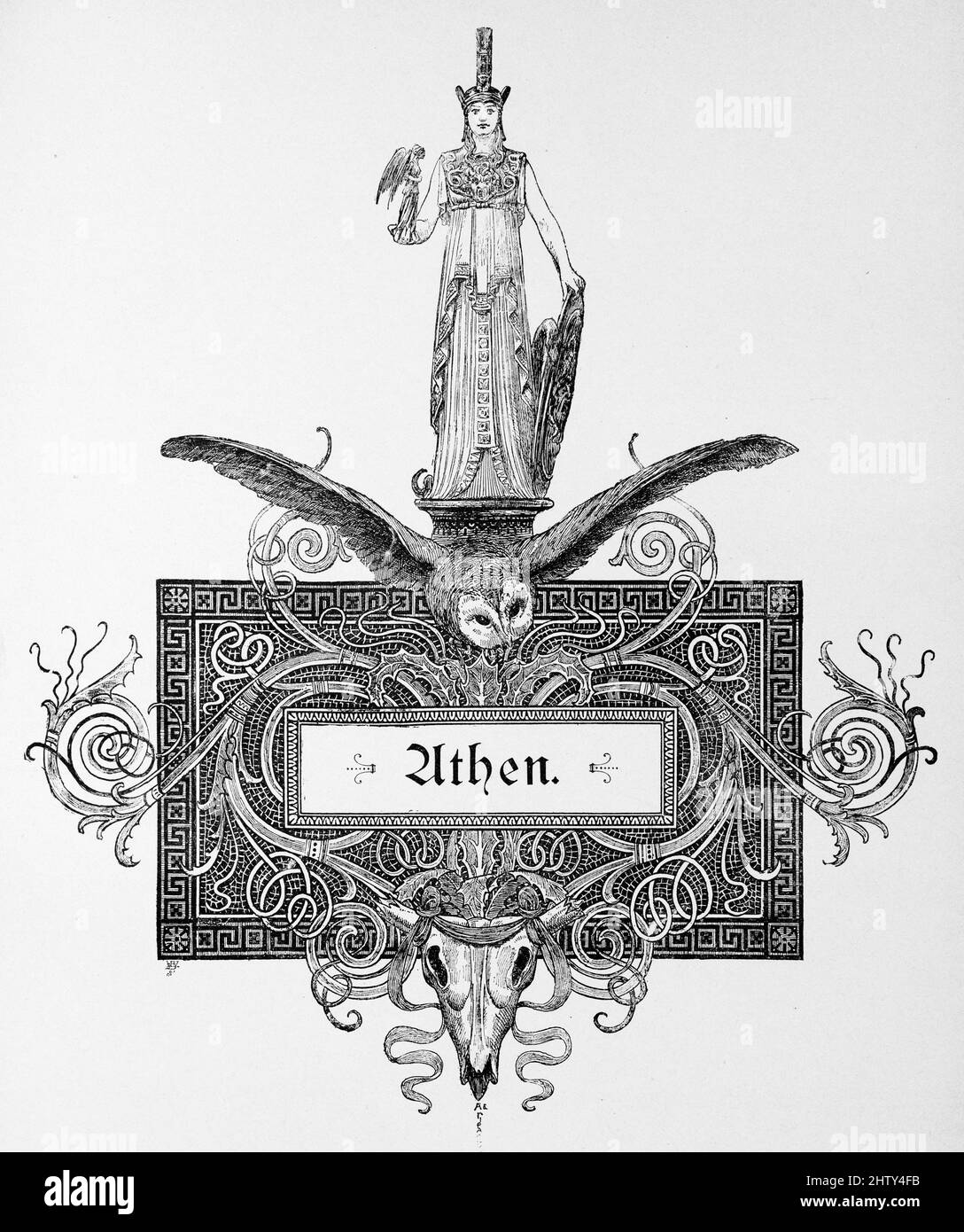 Emblema, donna, uccello di preda, gufo, volare, Ornamenti, illustrazione storica 1897, Atene, Grecia Foto Stock