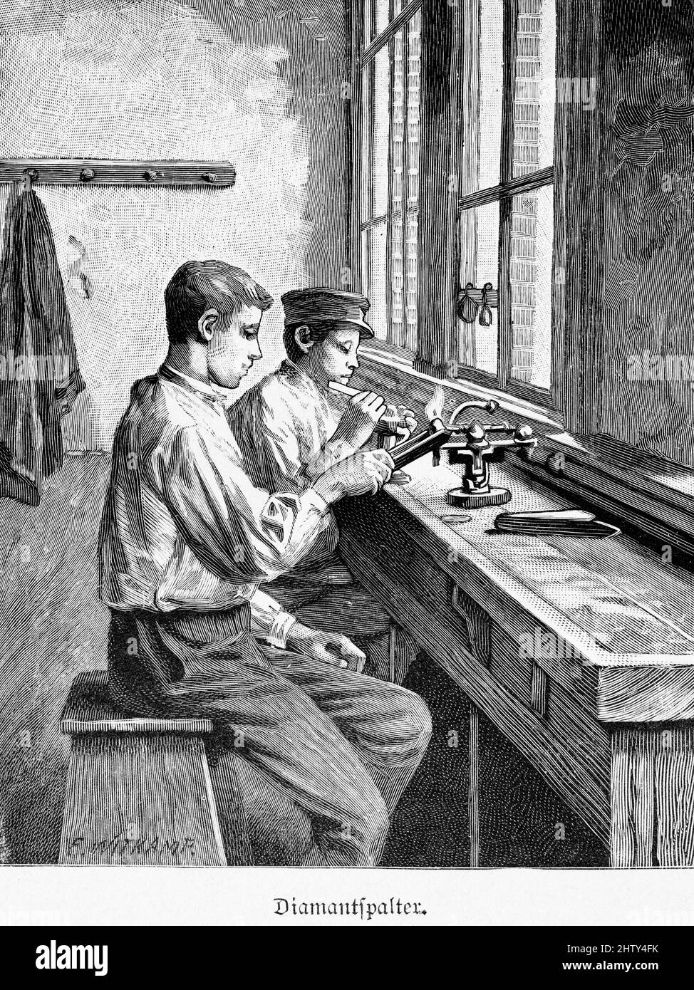 Lavorazione di diamanti grezzi, economia, commercio, utensili, banco da lavoro, Giovani lavoratori, Amsterdam, Paesi Bassi, illustrazione storica del 1897 Foto Stock