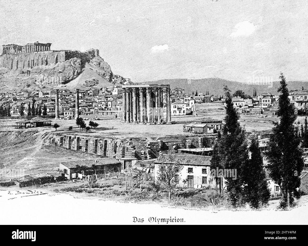 Olympieion, tempio, 6th secolo AC, colonne, rovina, Rocce, paesaggio montagnoso, illustrazione storica 1897, Atene, Grecia Foto Stock