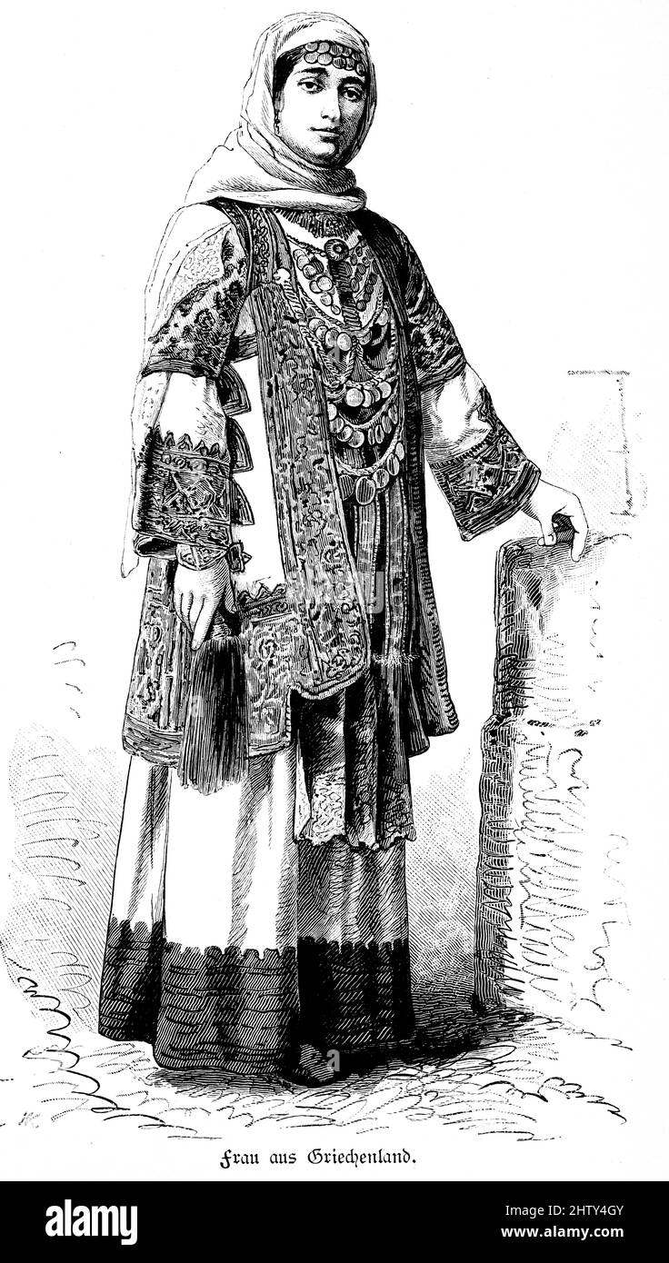 Donna greca, ritratto, giovane donna, vestito festivo, sciarpa di testa, Gioielli, di fronte, vista, illustrazione storica 1897, Atene, Grecia Foto Stock