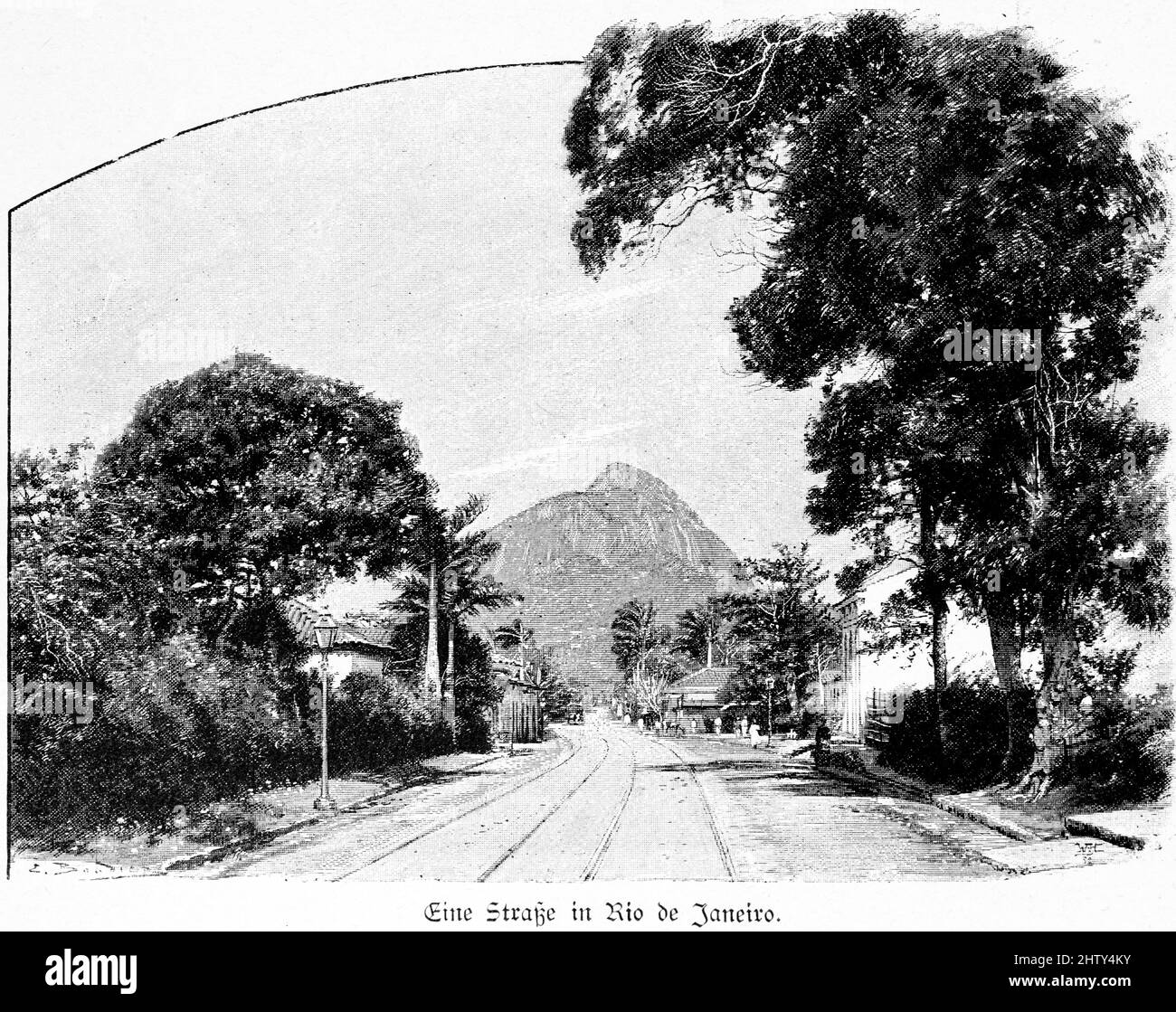 Strada, rotaie, case, alberi, montagna, Tropici, scena tranquilla, illustrazione storica del 1897, Rio de Janeiro, Brasile Foto Stock