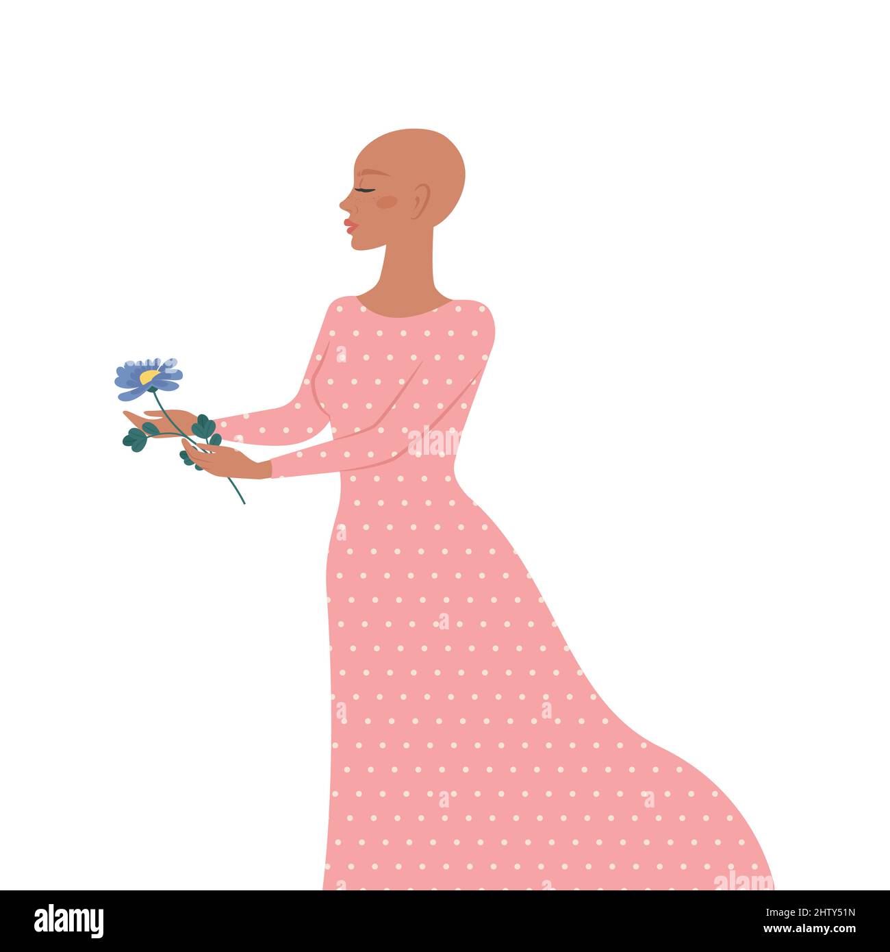 Donna senza capelli in un abito lungo con un fiore nelle mani. Illustrazione vettoriale Illustrazione Vettoriale