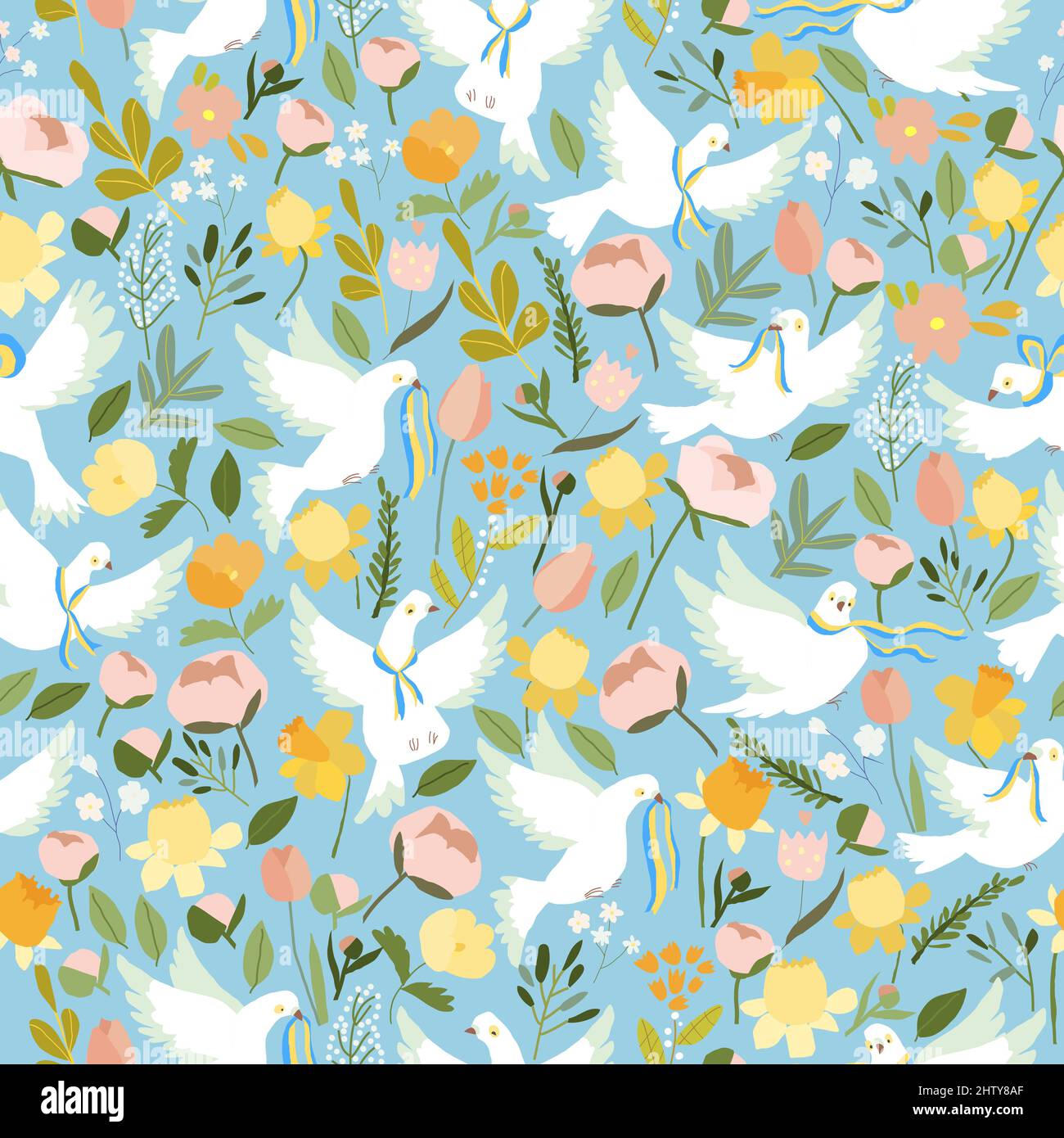 Modello senza giunture con doghe bianche di pace e fiori su sfondo blu Illustrazione Vettoriale