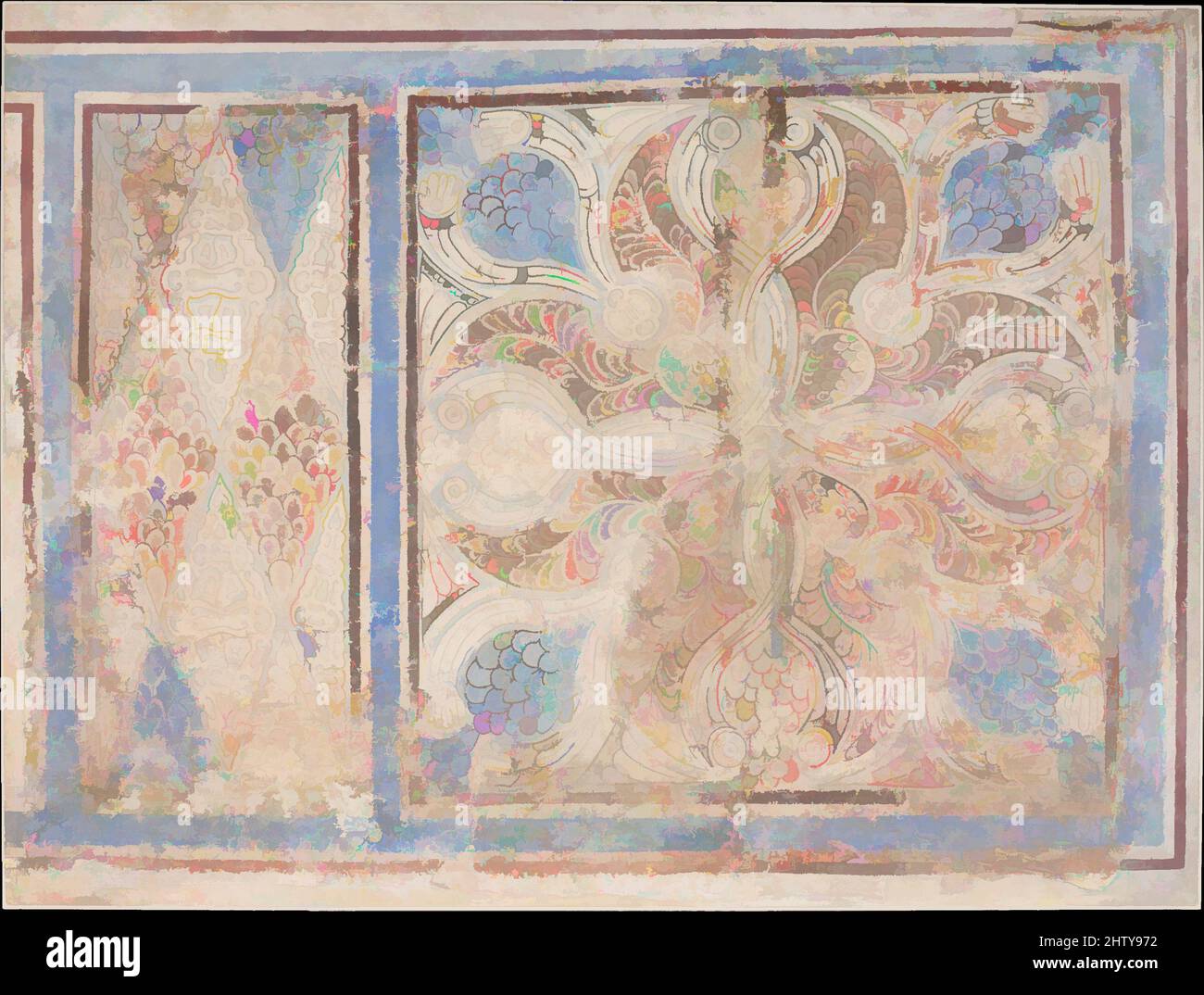 Arte ispirata a pannelli di dado dipinti, 9th secolo, scavati in Iran, Nishapur, Stucco; Verniciato, H. 40 3/8 poll. (102,6 cm), Stucco, questo pannello di dado è stato scavato da una stanza nella zona di Tepe Madrasa di Nishapur che un tempo aveva un vivace schema di decorazione dipinta. La parte superiore della, opere classiche modernizzate da Artotop con un tuffo di modernità. Forme, colore e valore, impatto visivo accattivante sulle emozioni artistiche attraverso la libertà delle opere d'arte in modo contemporaneo. Un messaggio senza tempo che persegue una nuova direzione selvaggiamente creativa. Artisti che si rivolgono al supporto digitale e creano l'NFT Artotop Foto Stock