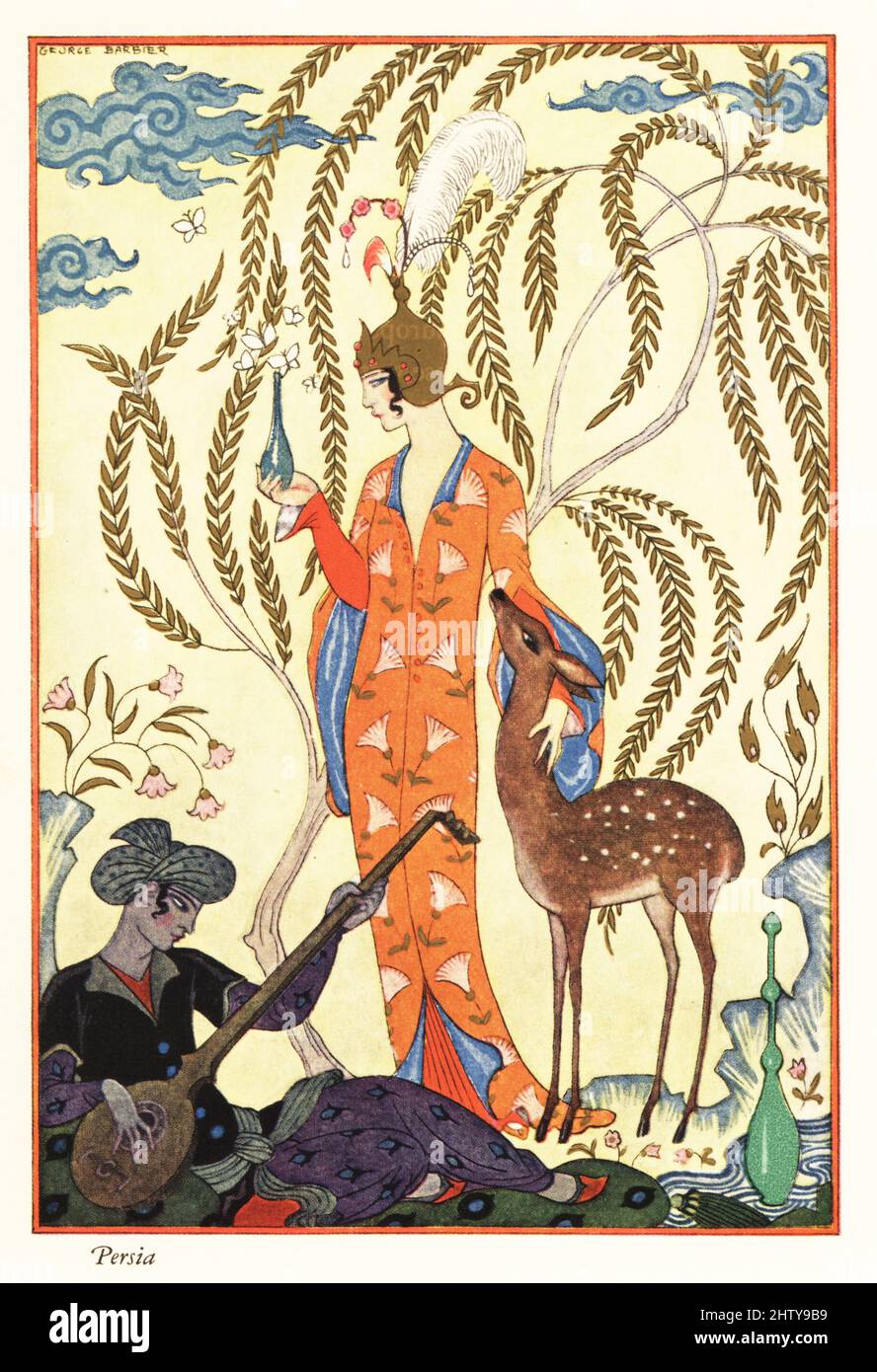 Una donna tiene una fiasca di profumo come farfalle flutter intorno ad essa, Persia antica. Si alza con un cervo sotto un albero di salice mentre un musicista suona la musica su un liuto. Stampa a colori di processo Smithsonian dopo il maestro Art Deco George Barbier del Romance of Perfume di Richard le Galienne, Hudnut, New York, 1928. Foto Stock